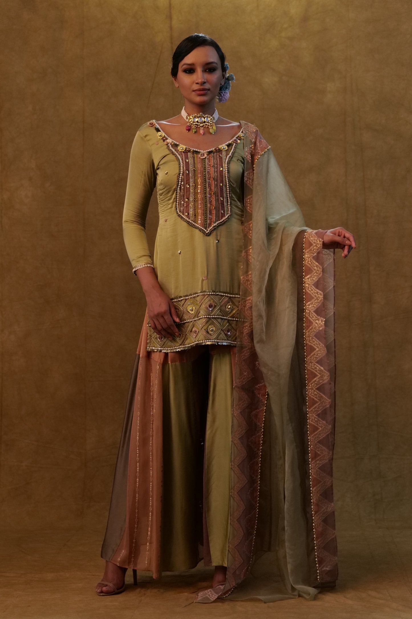 Sage green suit with color block sharara and a organza dupatta