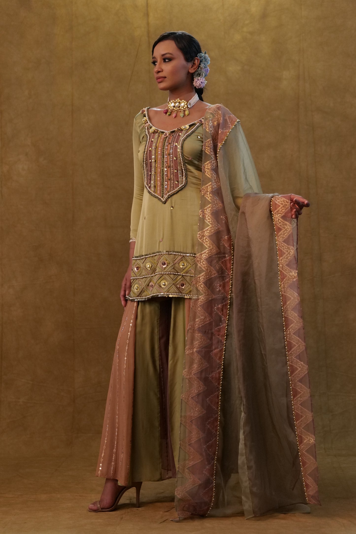 Sage green suit with color block sharara and a organza dupatta