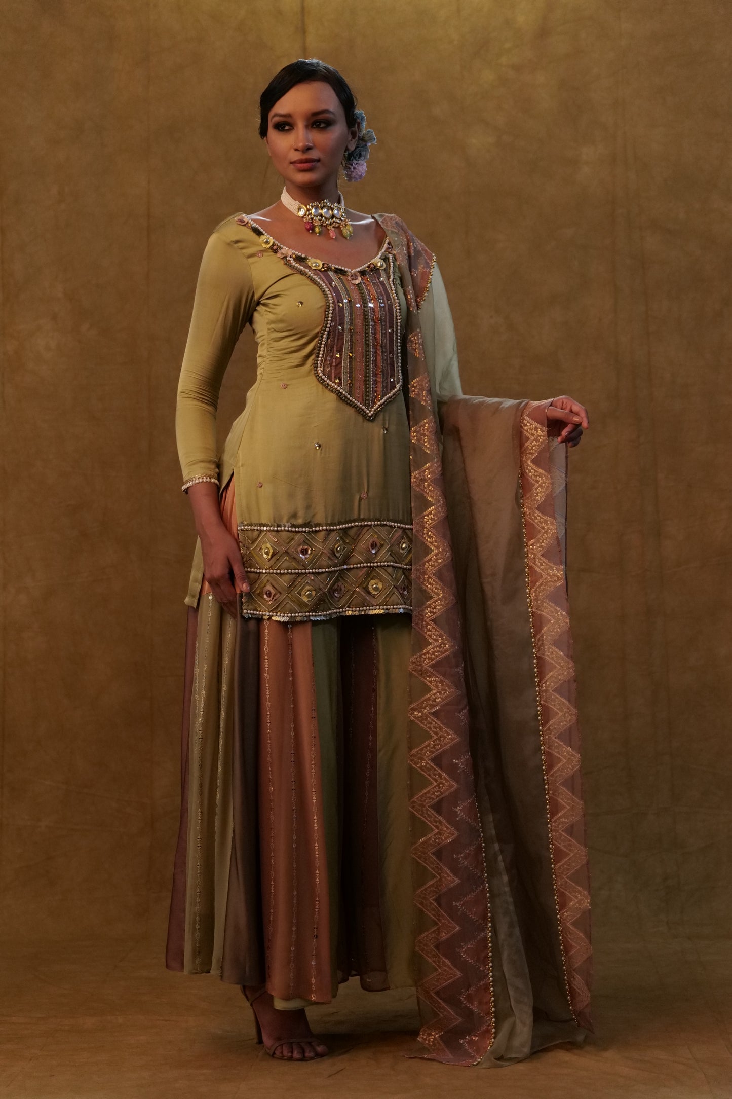 Sage green suit with color block sharara and a organza dupatta