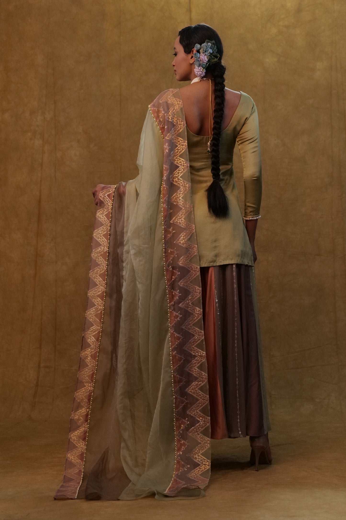 Sage green suit with color block sharara and a organza dupatta