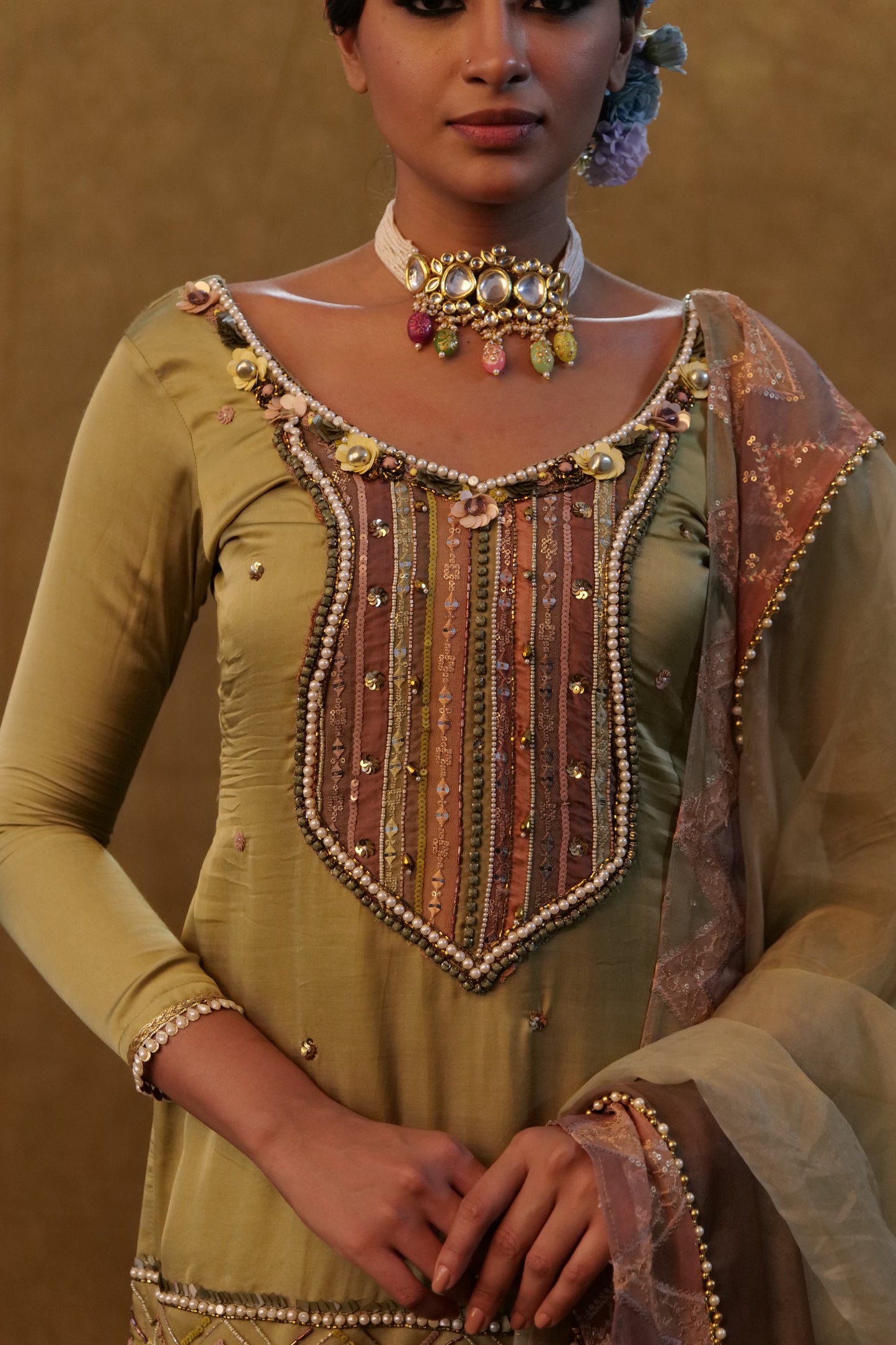 Sage green suit with color block sharara and a organza dupatta