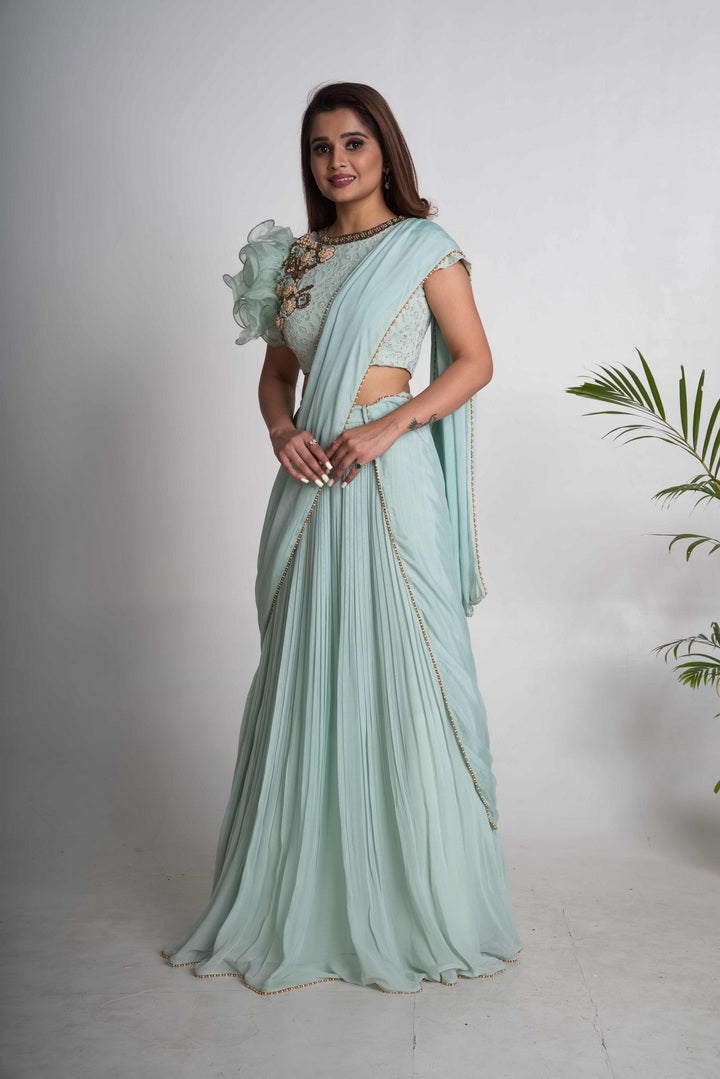 Aqua pleated lehenga saree set