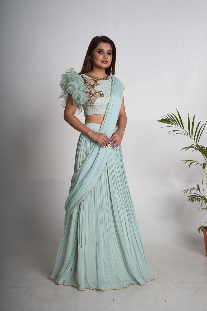 Aqua pleated lehenga saree set