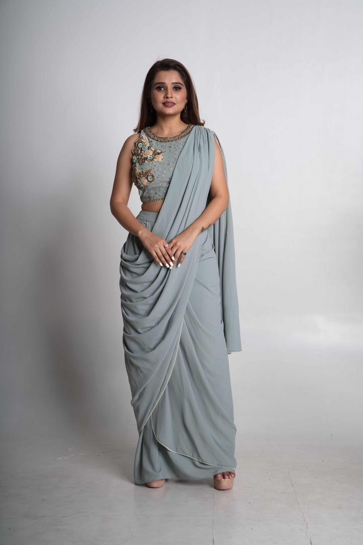 Powder blue pre-draped saree set