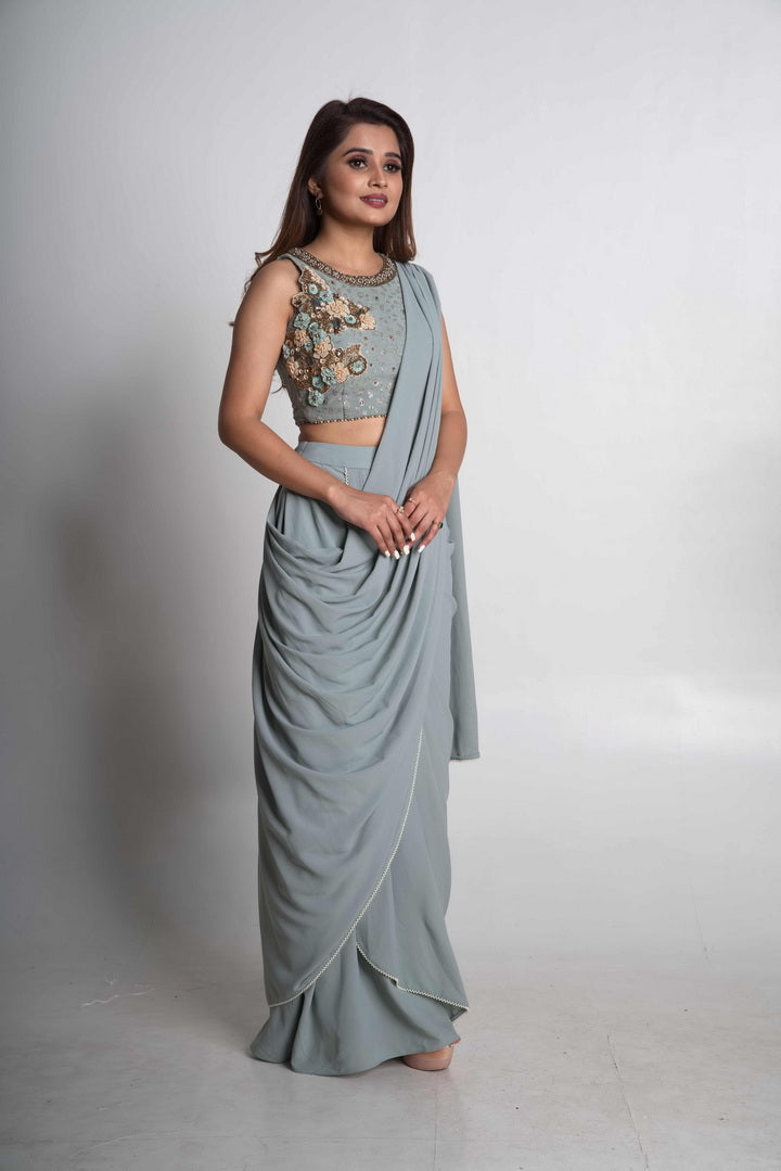 Powder blue pre-draped saree set