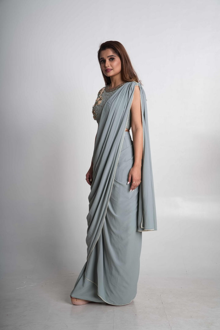 Powder blue pre-draped saree set