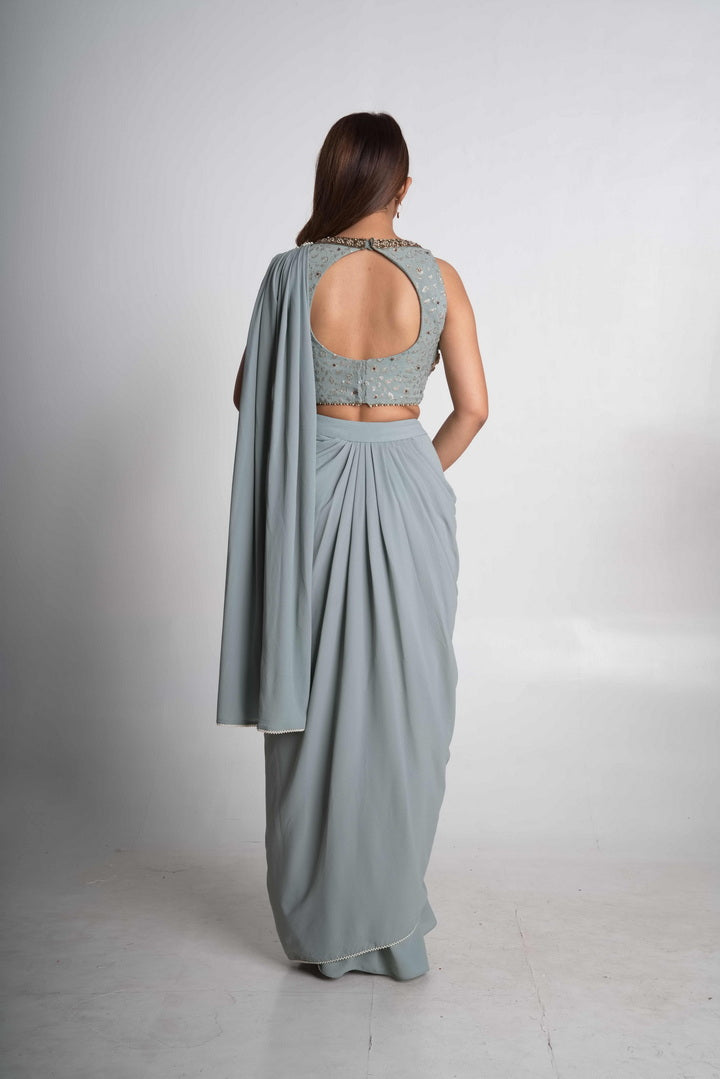 Powder blue pre-draped saree set