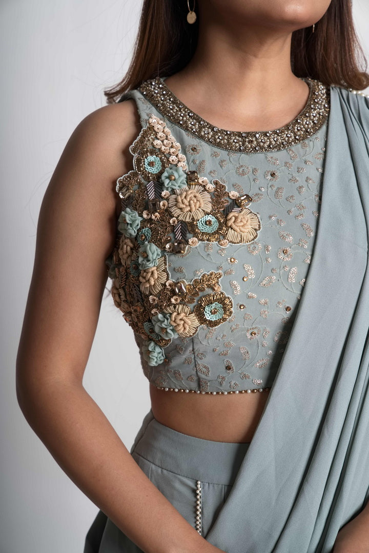 Powder blue pre-draped saree set