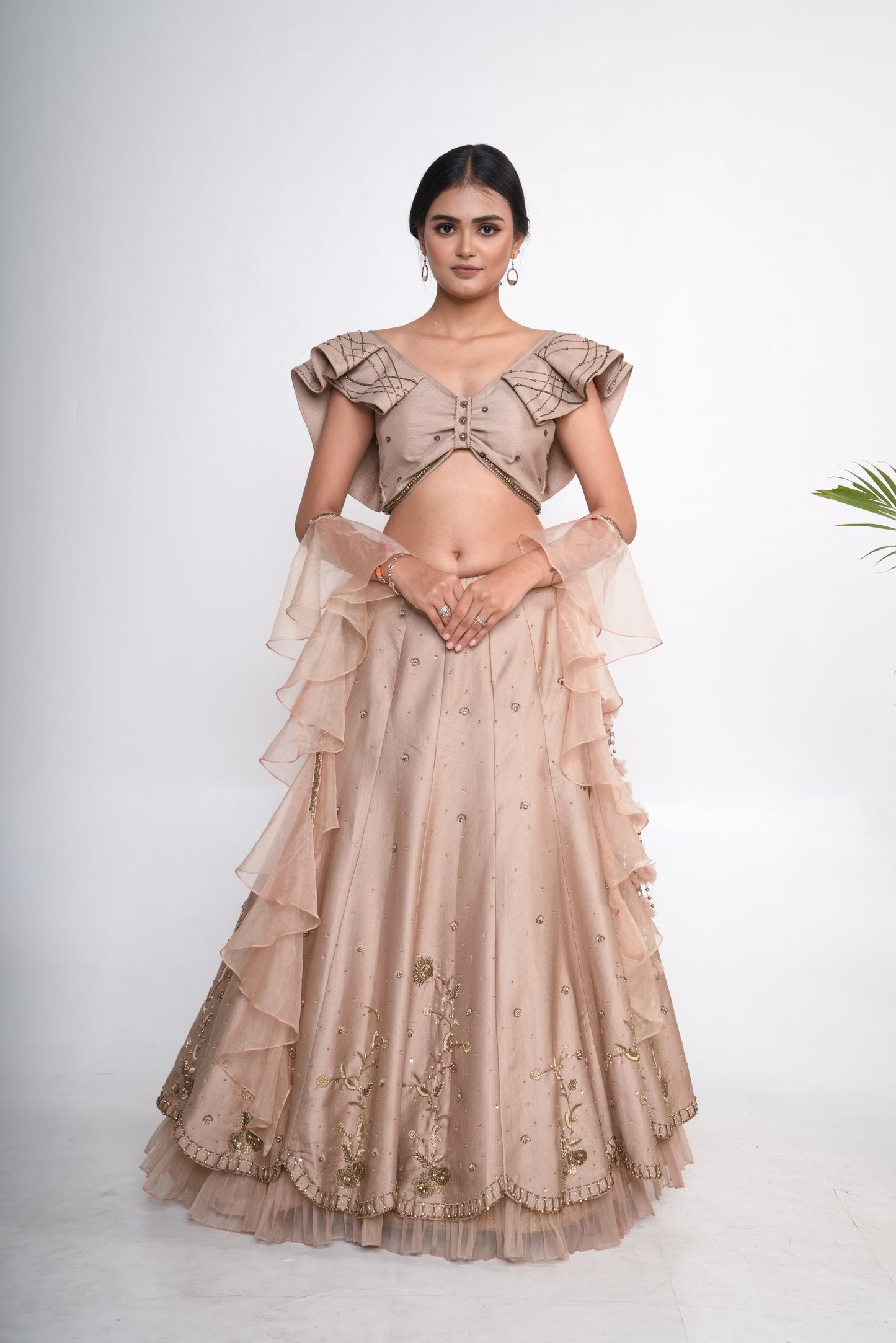 Gold lehenga set with ruffle organza dupatta