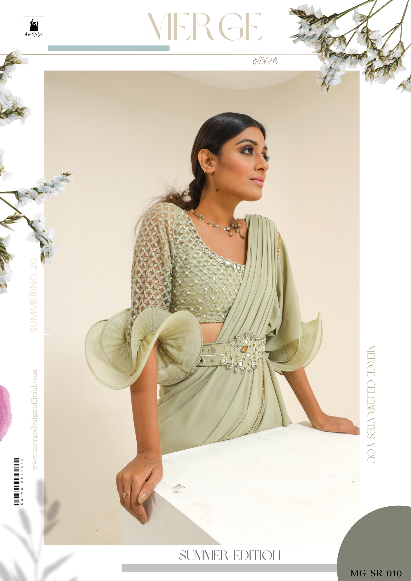 Sage green boning sleeve predraped saree