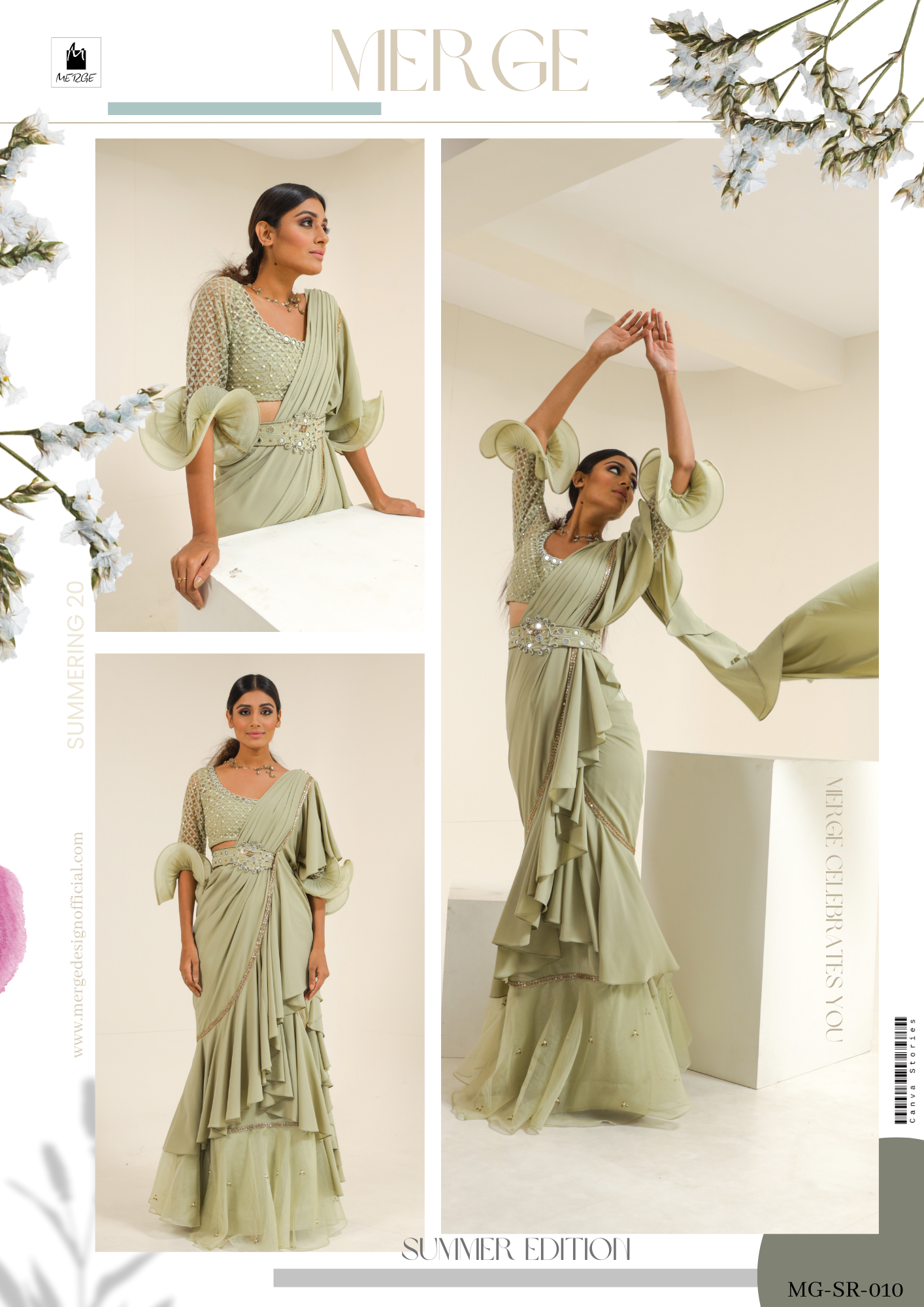 Sage green boning sleeve predraped saree