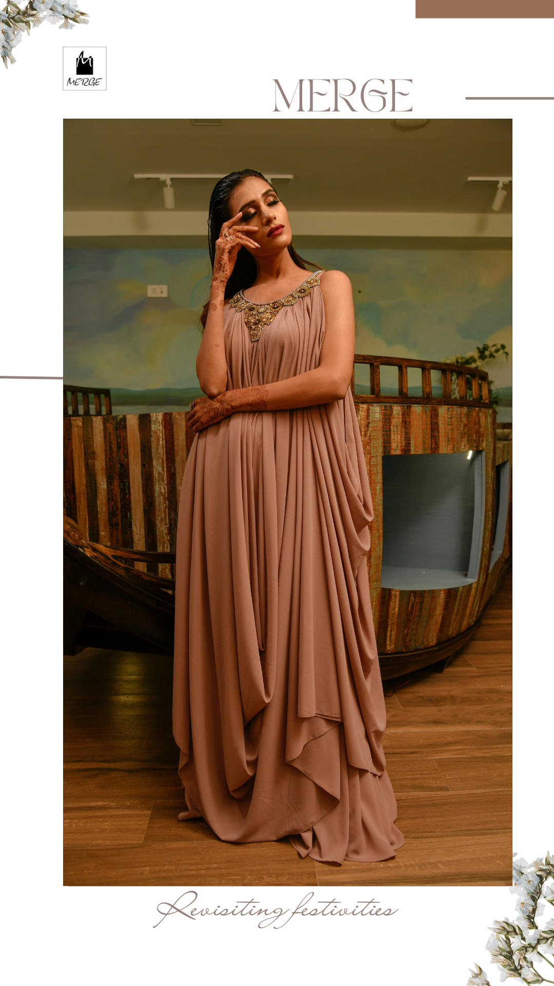 Oyster draped dress with antique hand embroidered neck detail