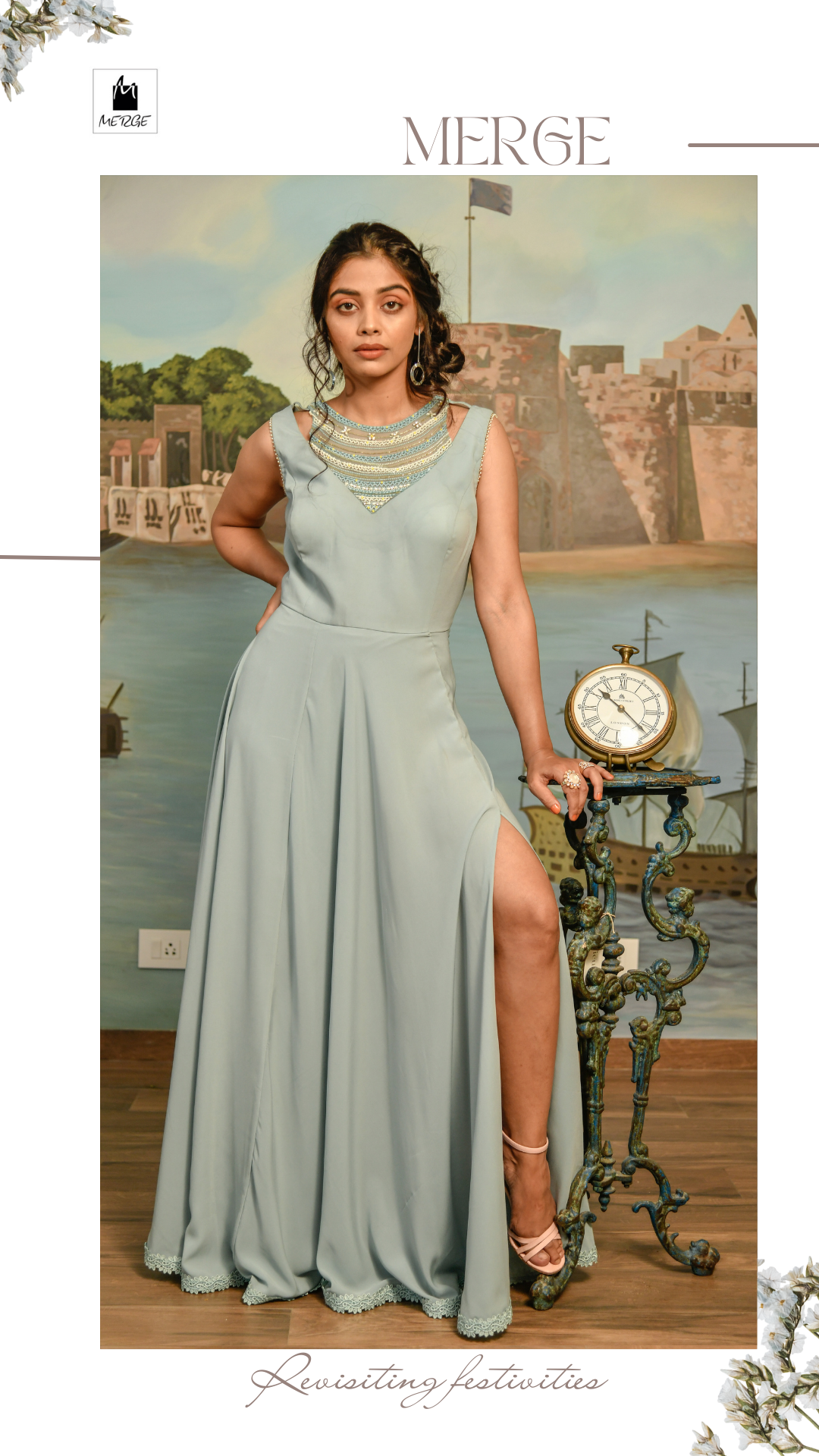 Powder blue slit open dress
