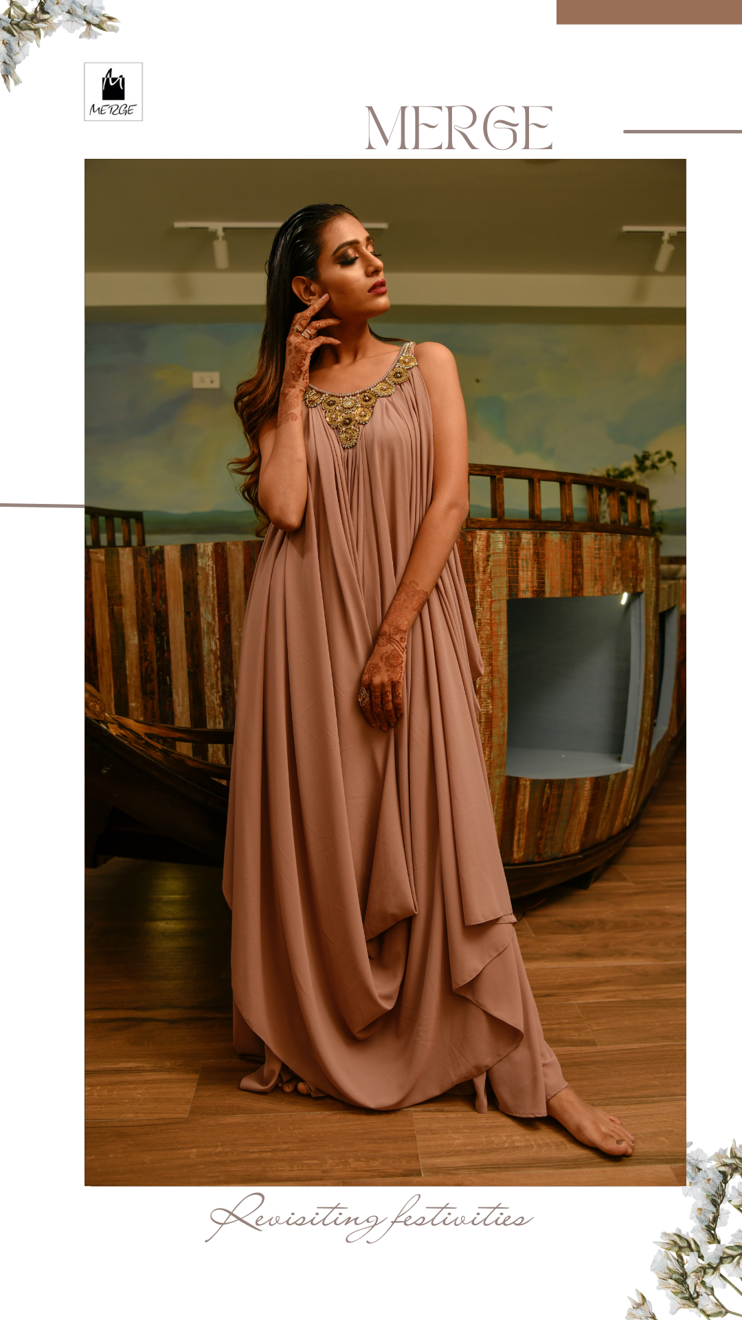 Oyster draped dress with antique hand embroidered neck detail