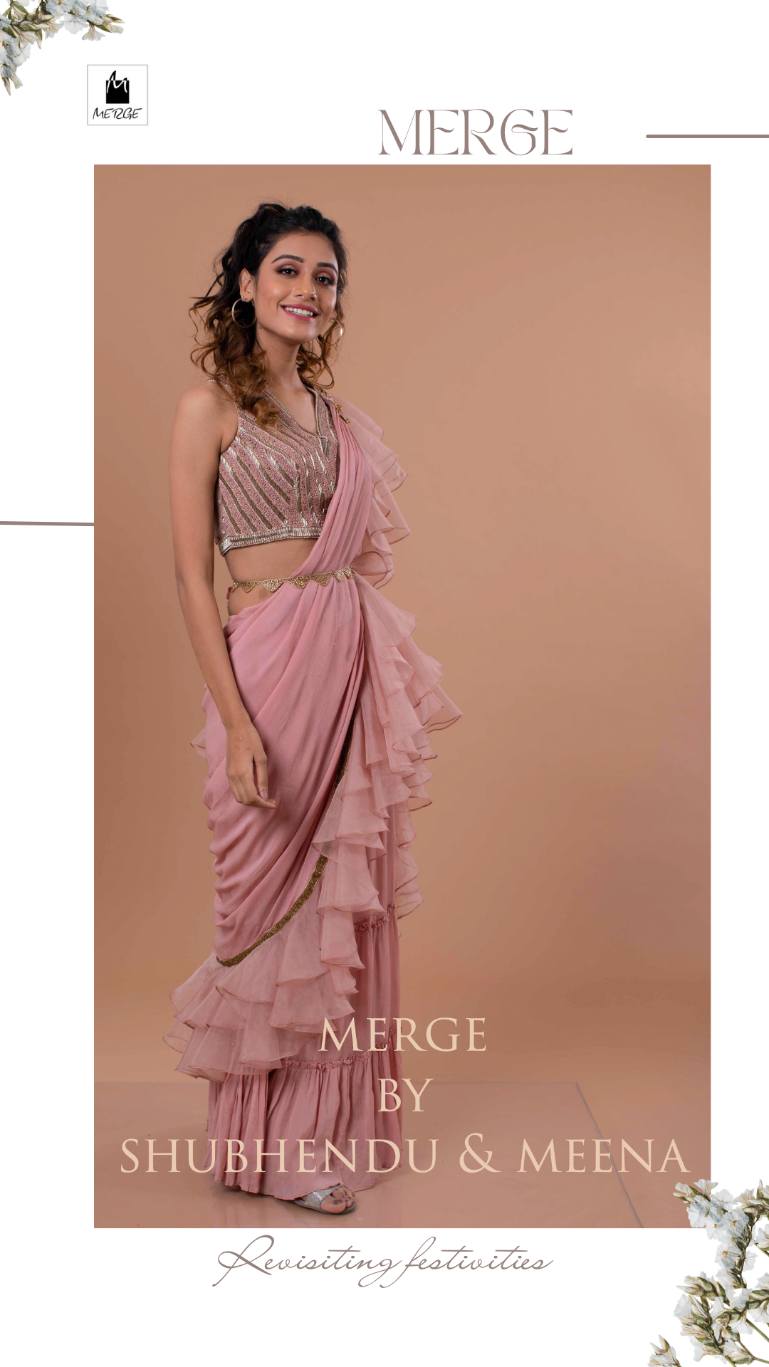 Blush pink sharara ruffle saree