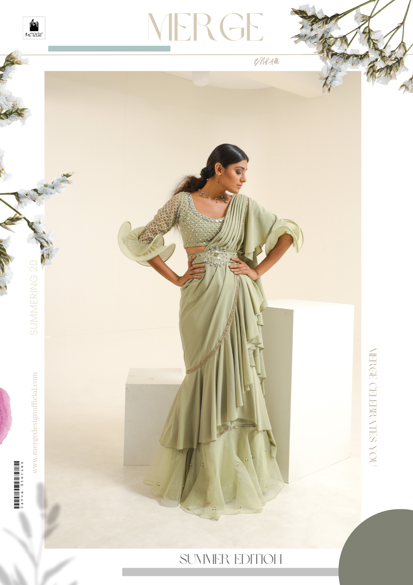 Sage green boning sleeve predraped saree