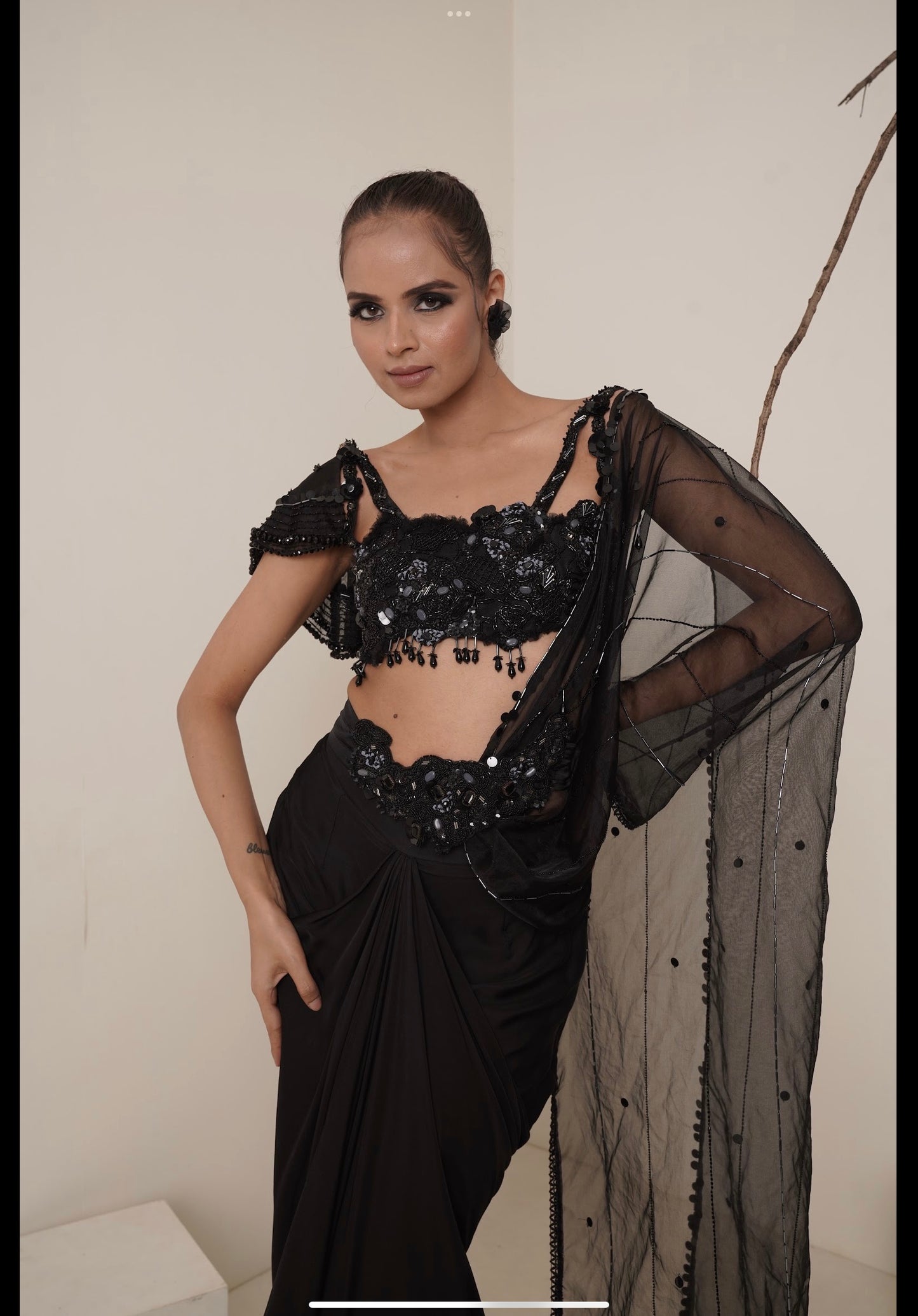 Black pre-drape saree set