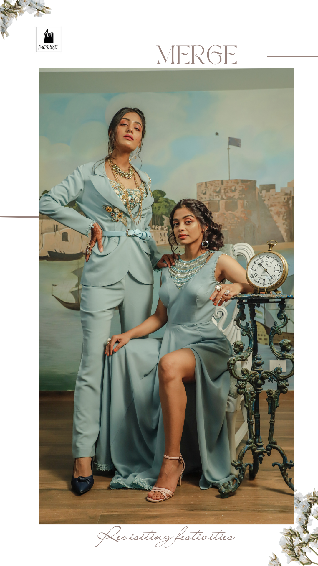 Aqua blue blazer set with detailed embroidered blouse