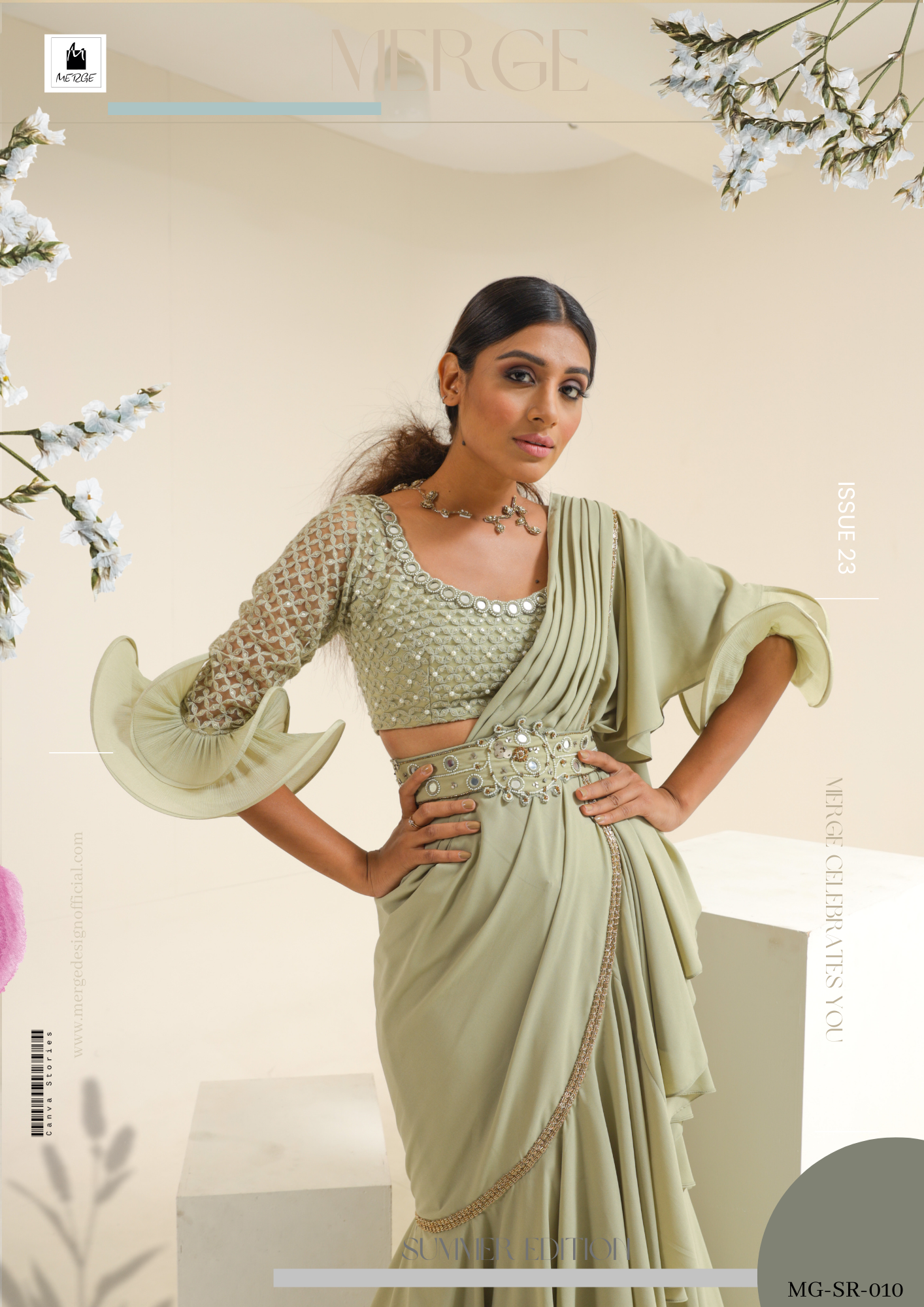 Sage green boning sleeve predraped saree