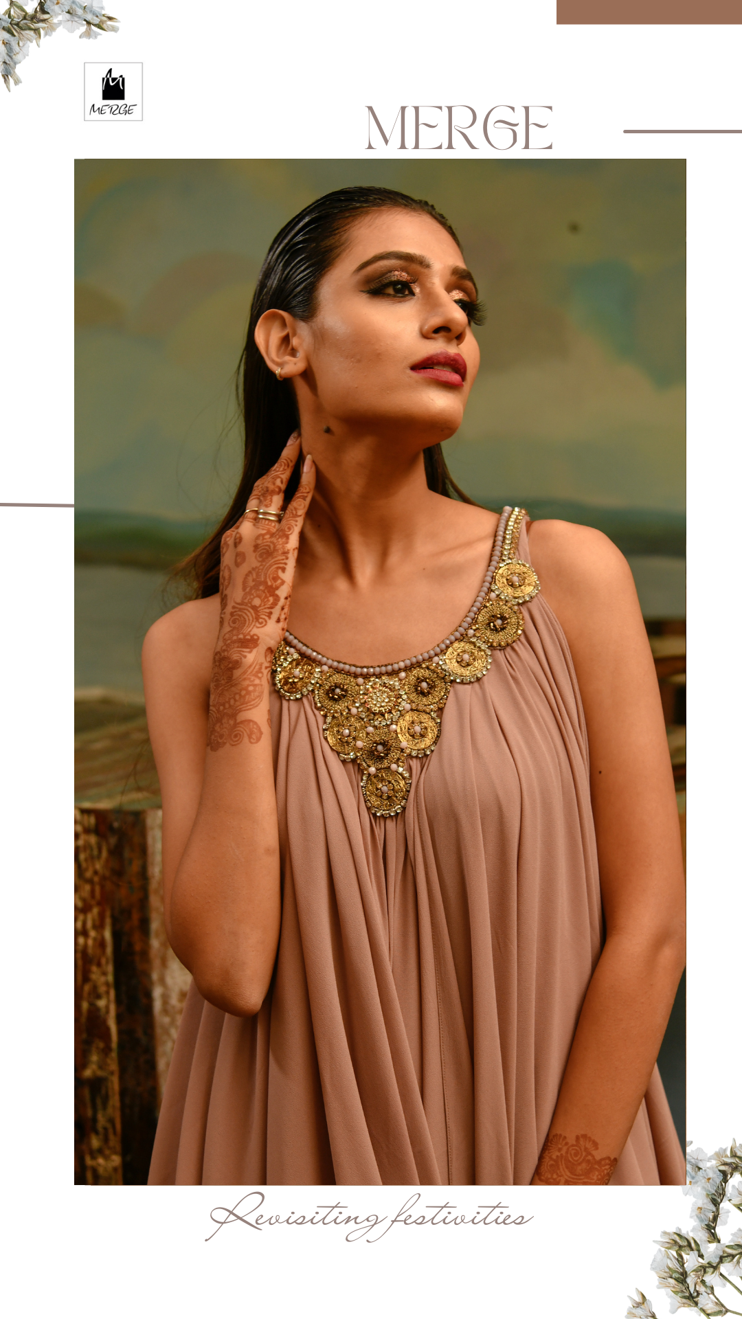 Oyster draped dress with antique hand embroidered neck detail