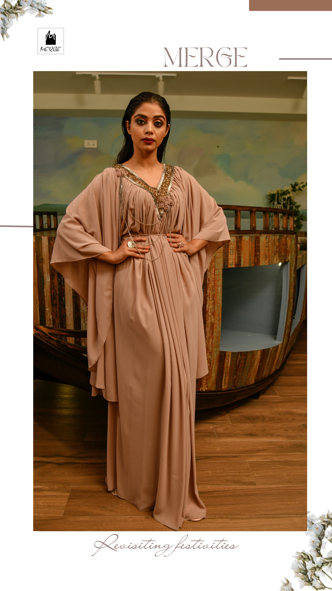 Oyster kaftan floor length with antique detailed handwork