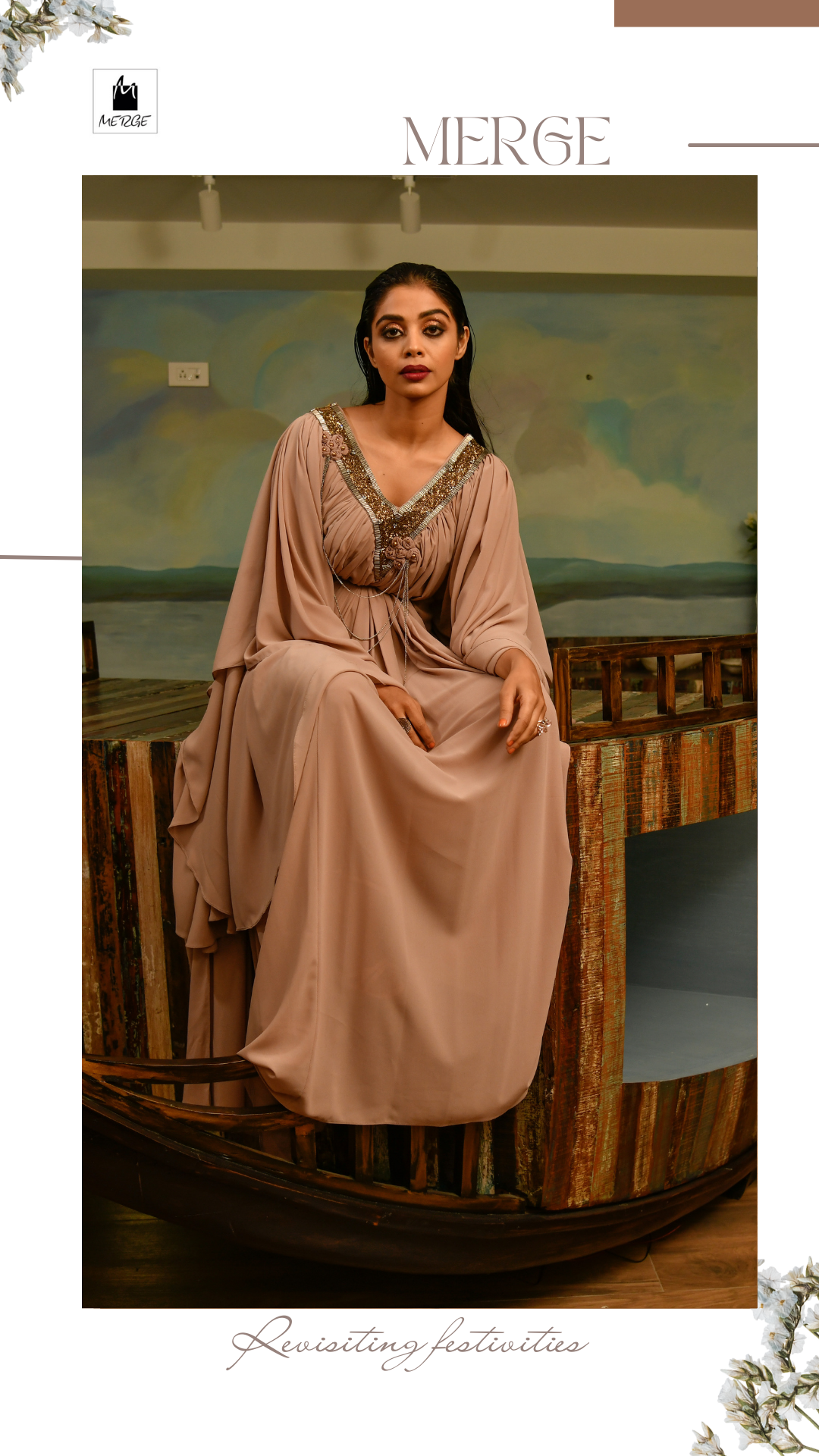 Oyster kaftan floor length with antique detailed handwork