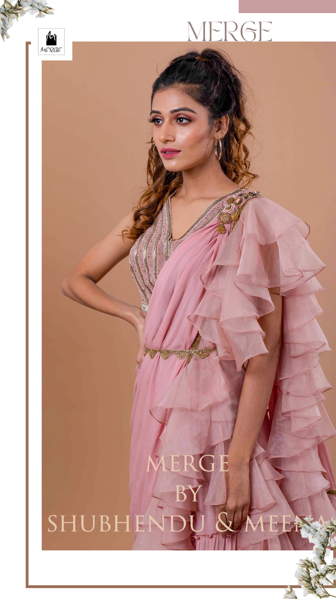 Blush pink sharara ruffle saree