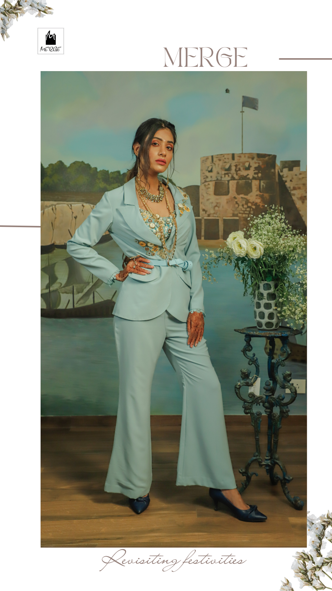 Aqua blue blazer set with detailed embroidered blouse