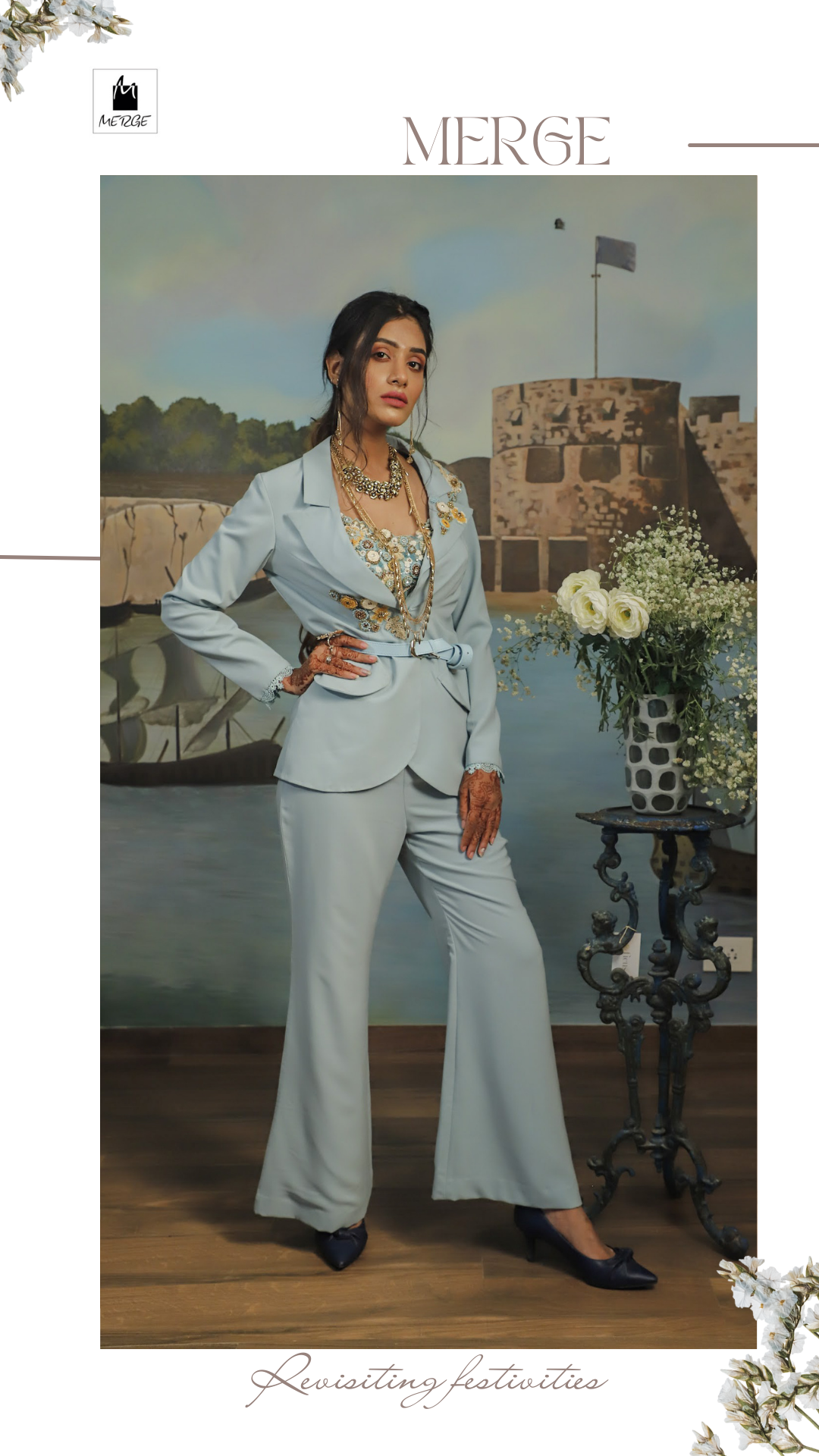 Aqua blue blazer set with detailed embroidered blouse