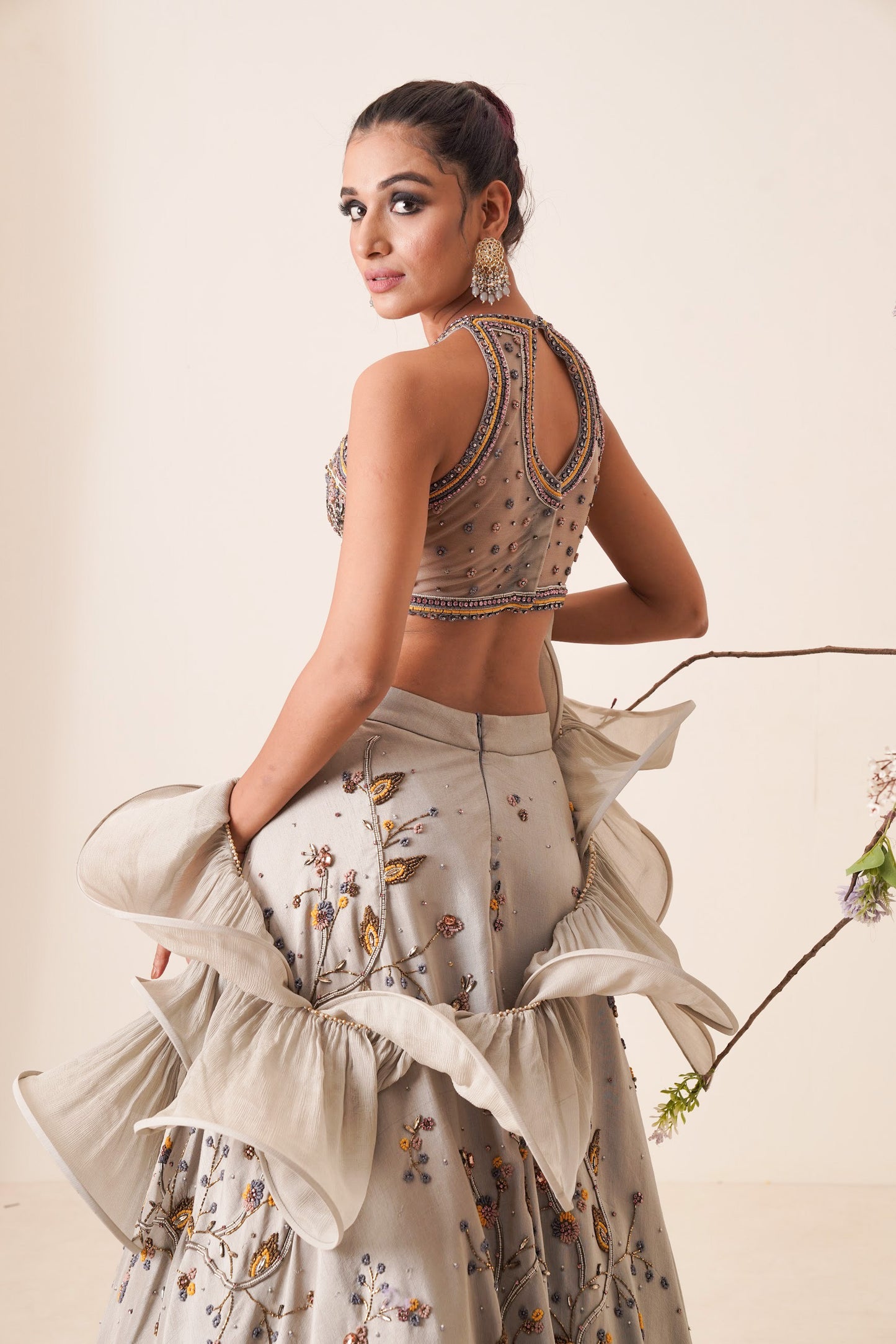 Gray lehenga set with structured dupatta
