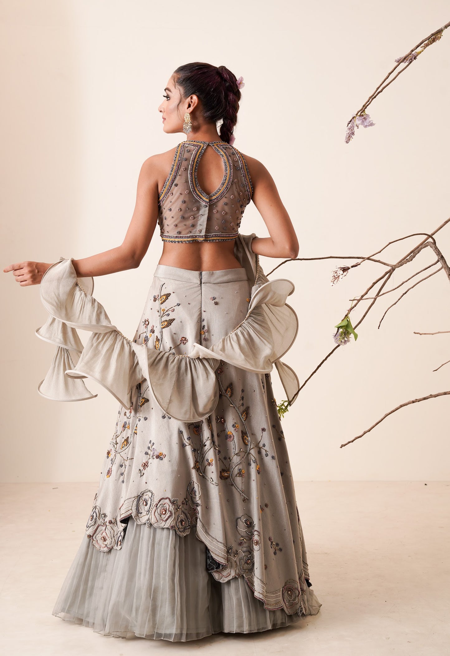 Gray lehenga set with structured dupatta