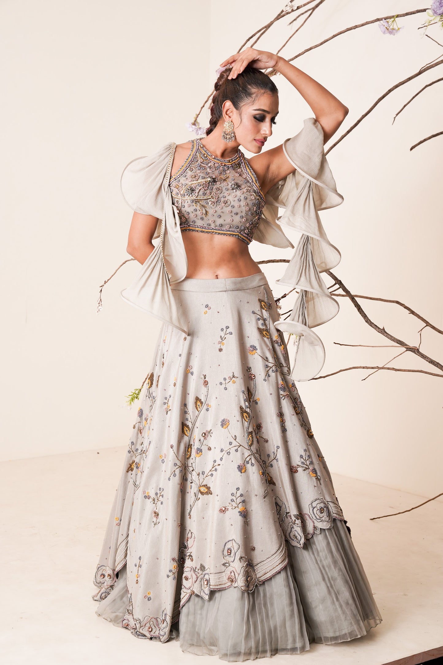 Gray lehenga set with structured dupatta
