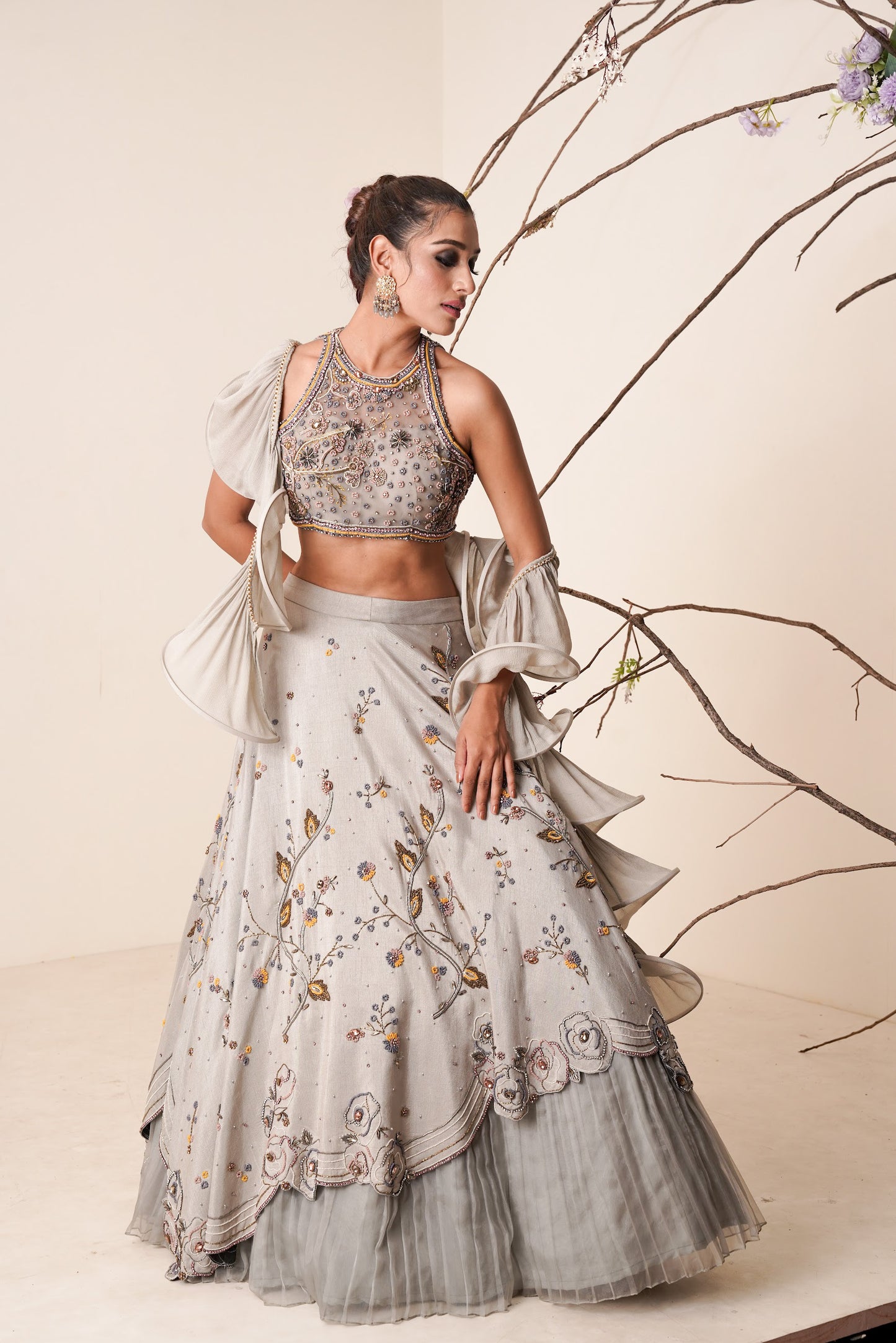 Gray lehenga set with structured dupatta