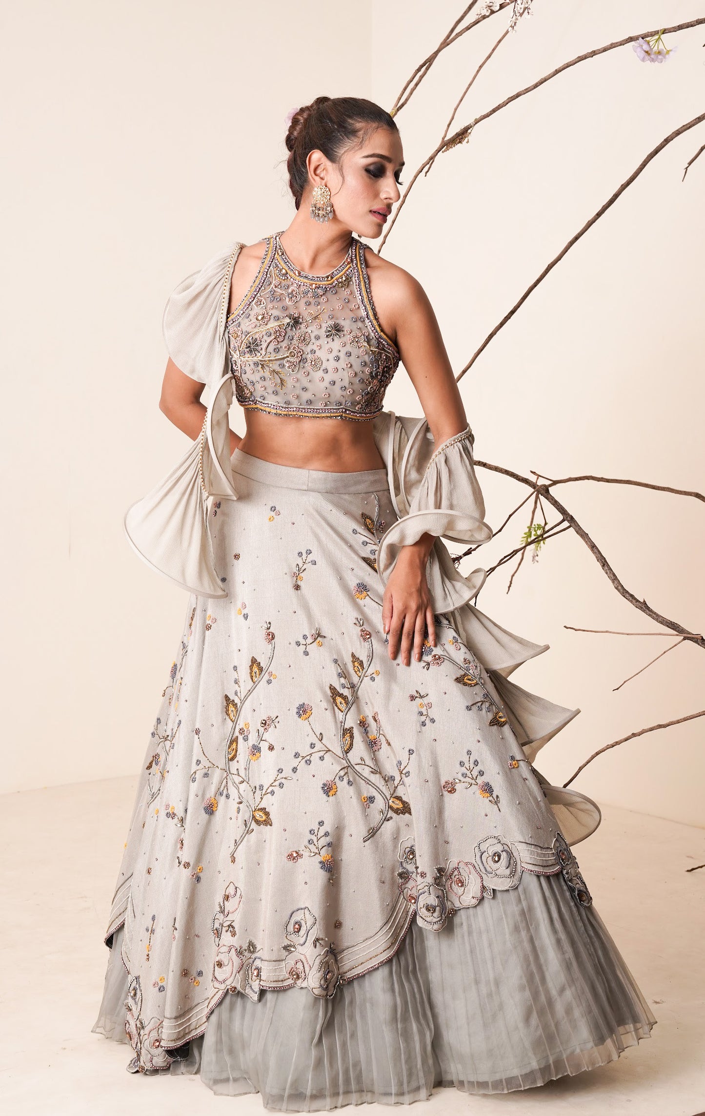 Gray lehenga set with structured dupatta
