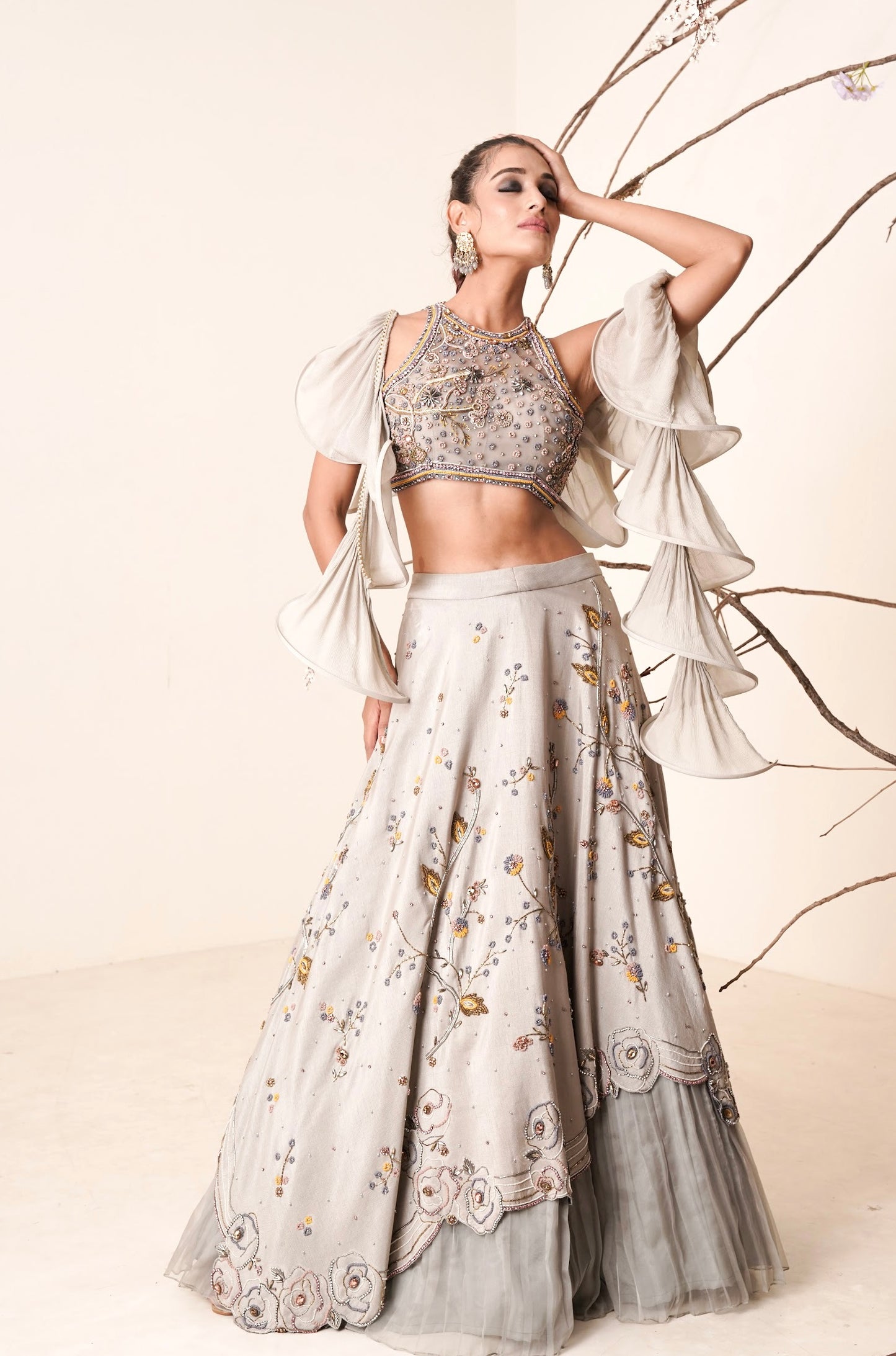 Gray lehenga set with structured dupatta