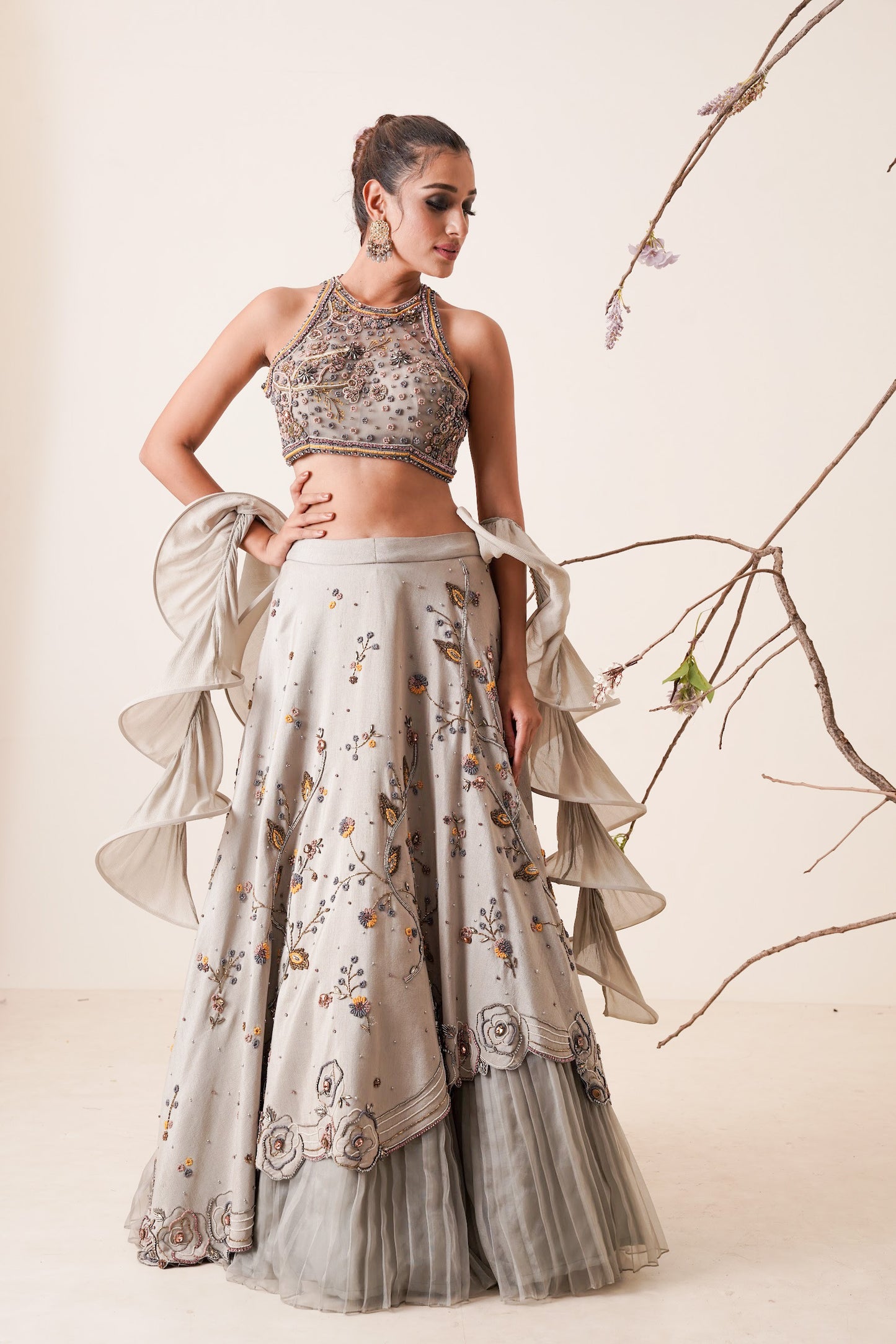 Gray lehenga set with structured dupatta
