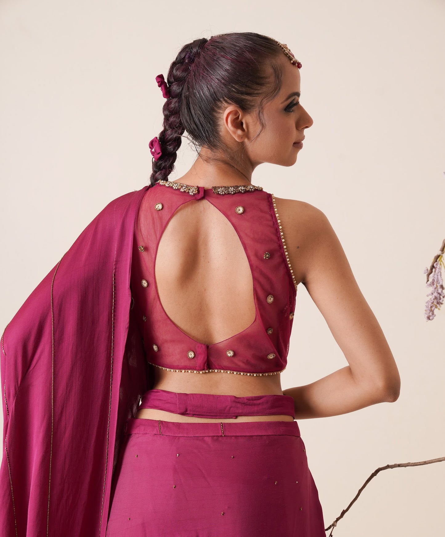 wine pre drape saree with waist belt