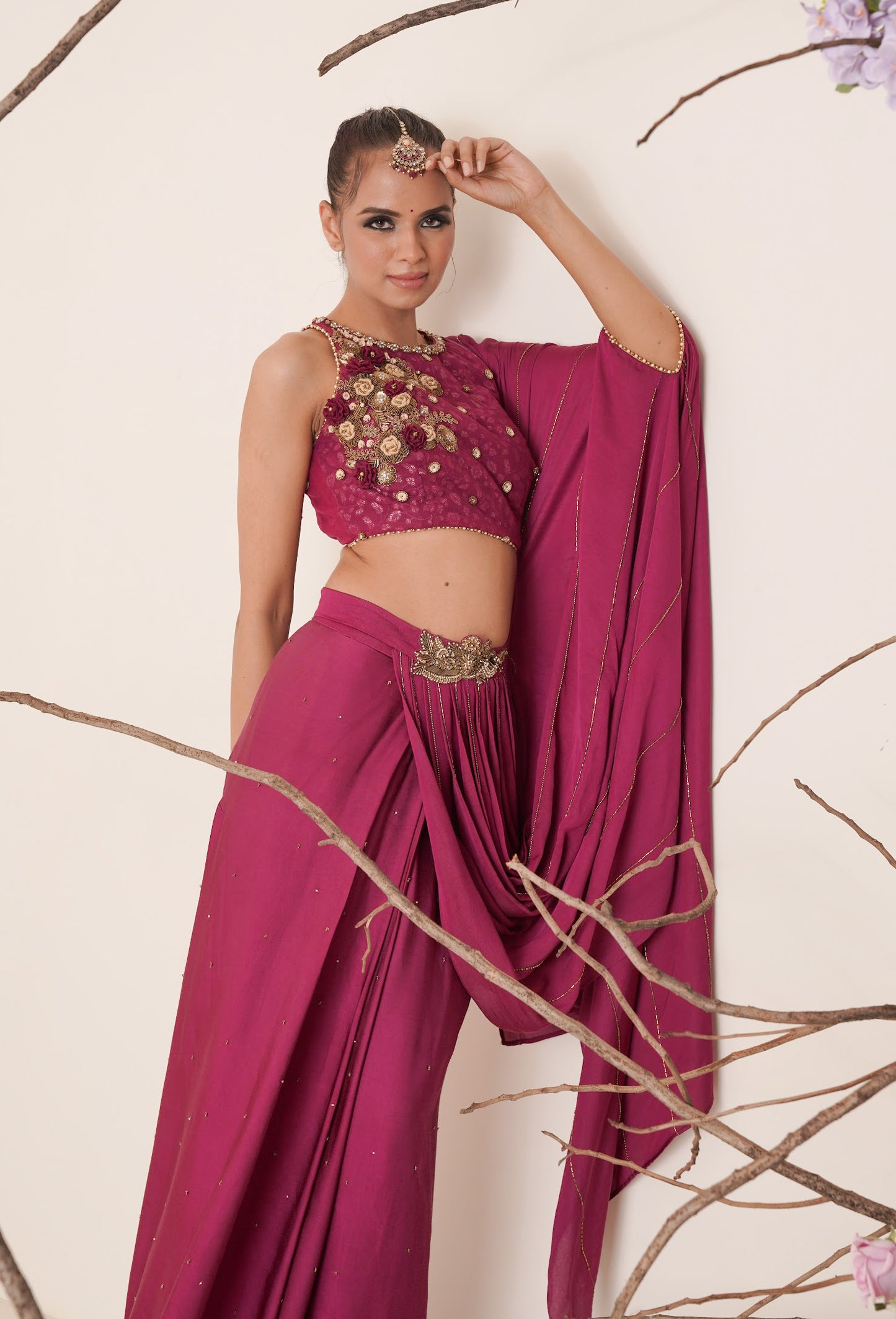 wine pre drape saree with waist belt