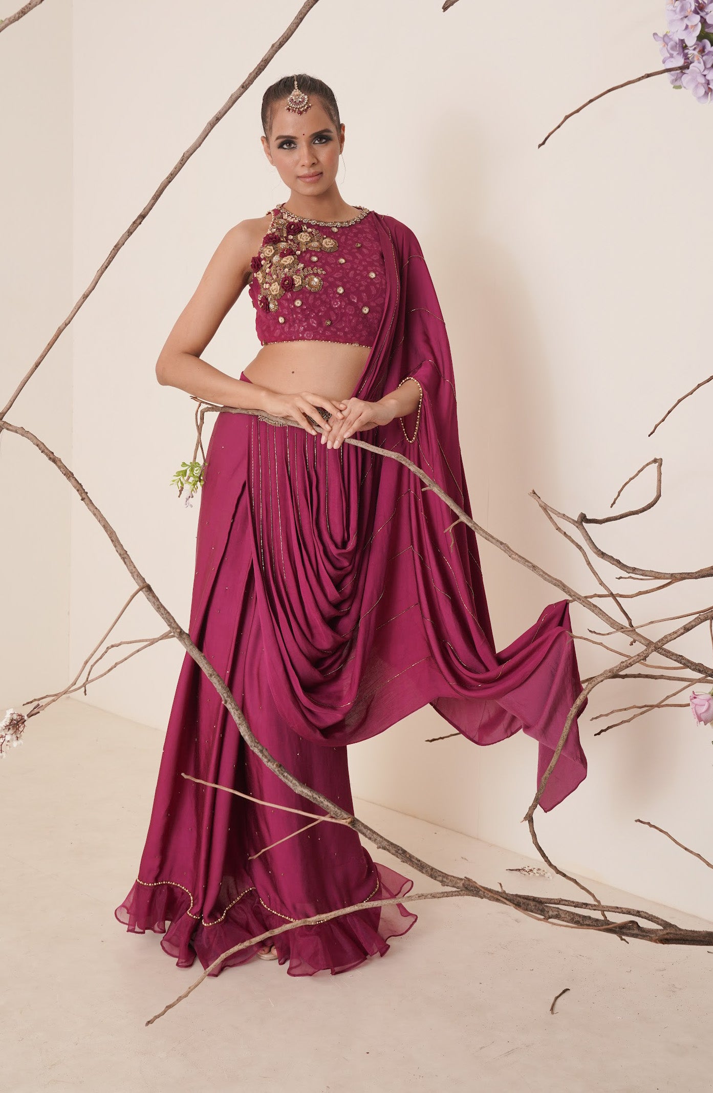 wine pre drape saree with waist belt