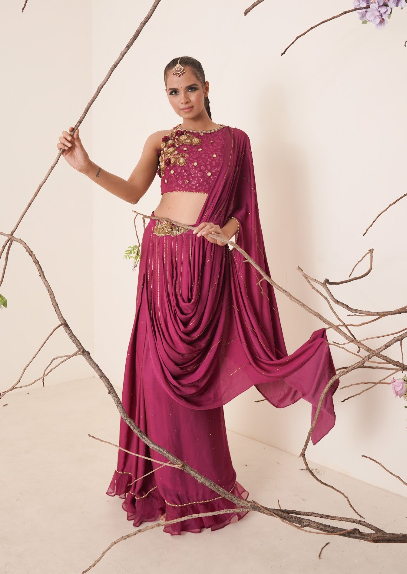 wine pre drape saree with waist belt