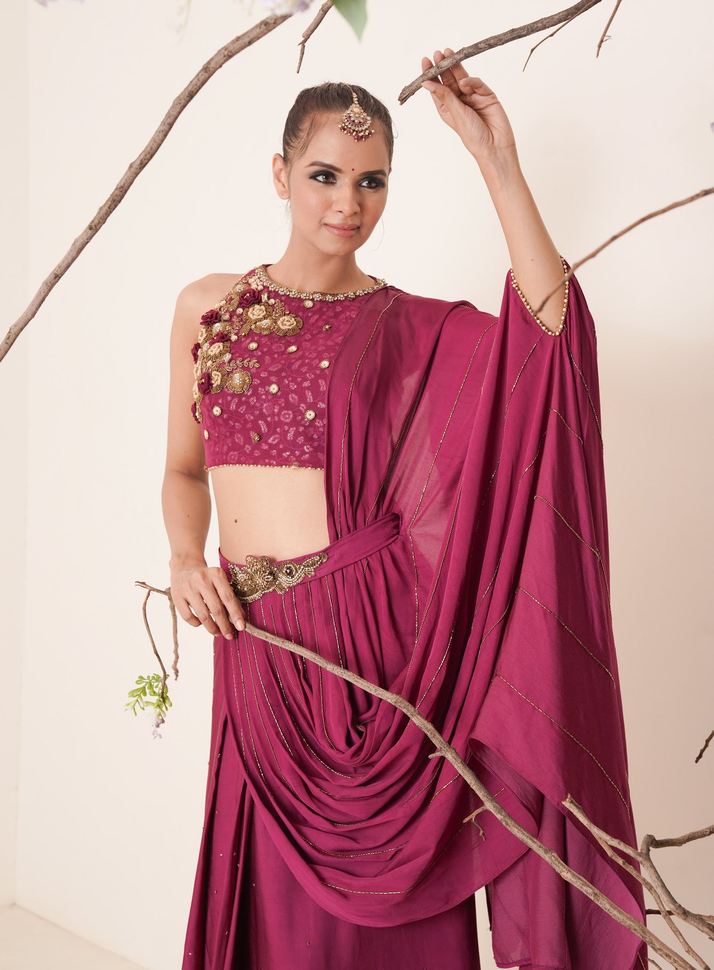 wine pre drape saree with waist belt