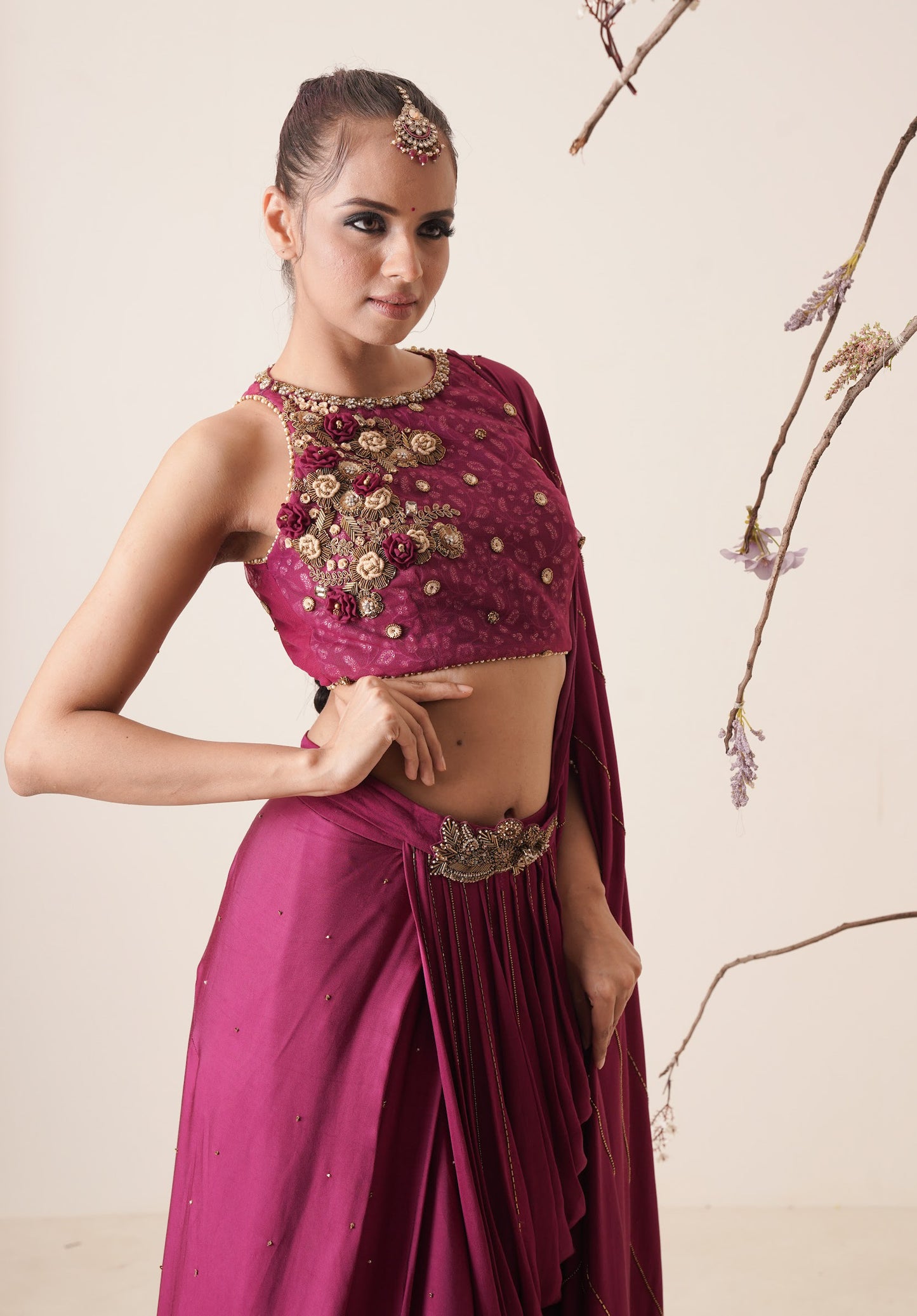 wine pre drape saree with waist belt