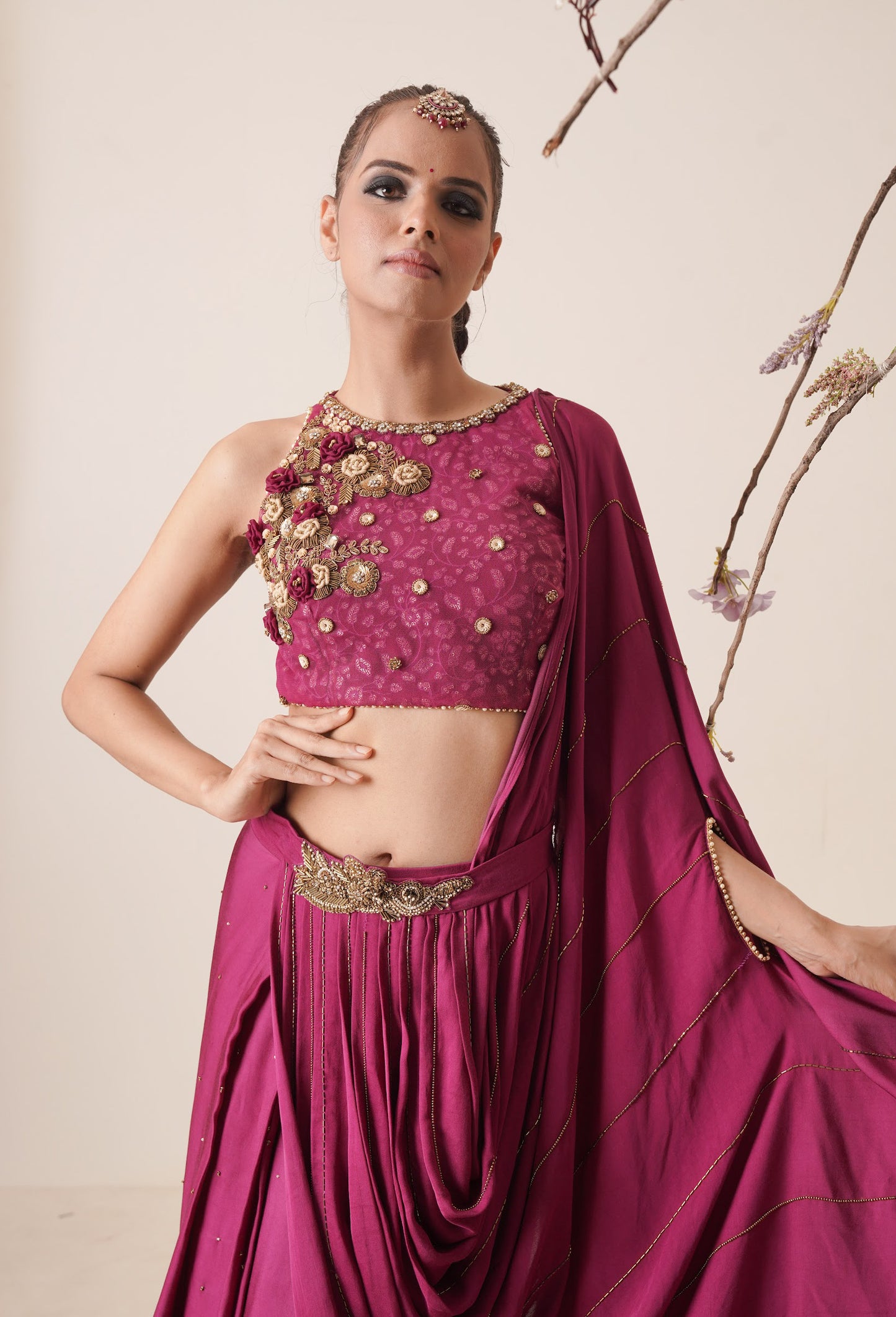 wine pre drape saree with waist belt