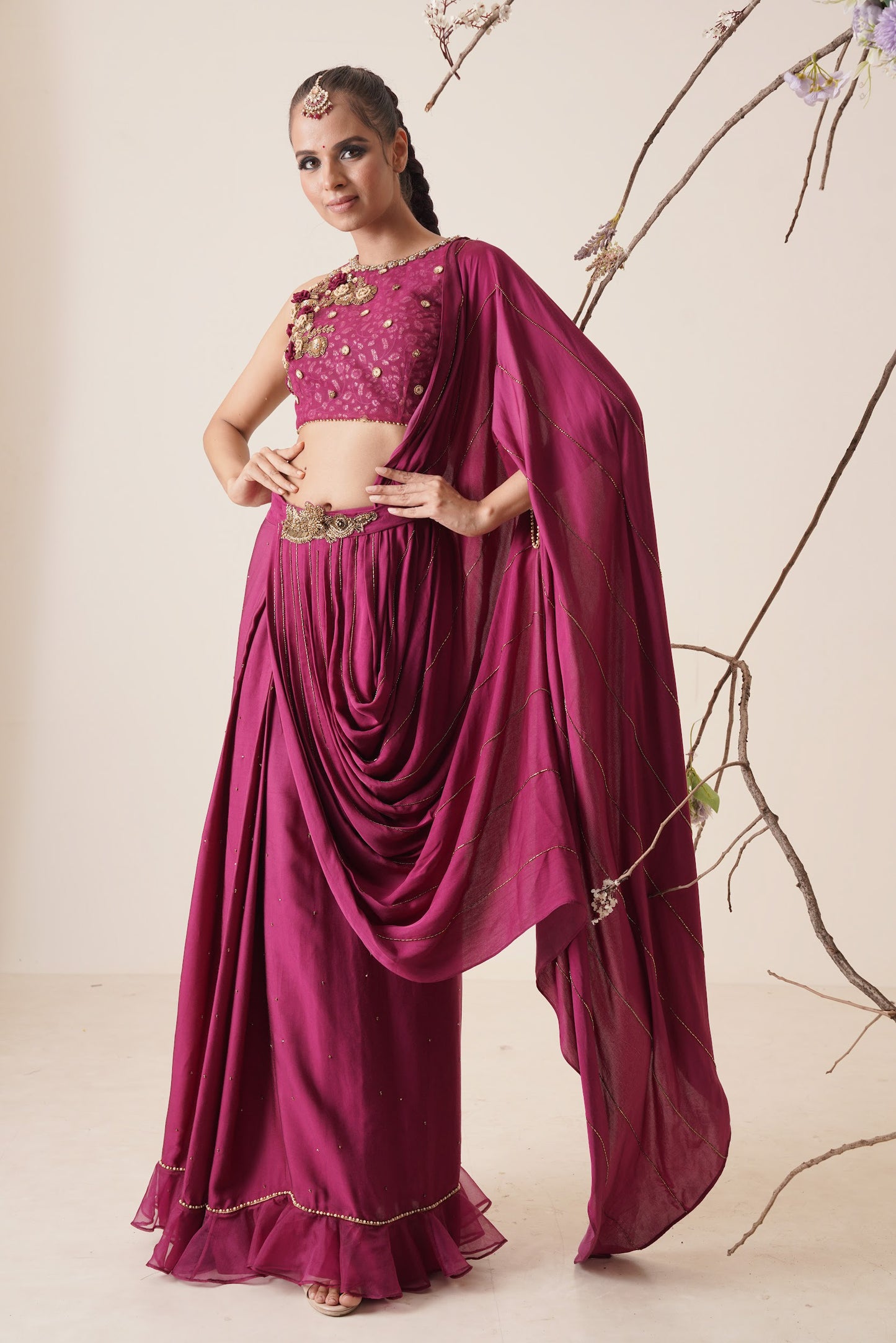 wine pre drape saree with waist belt