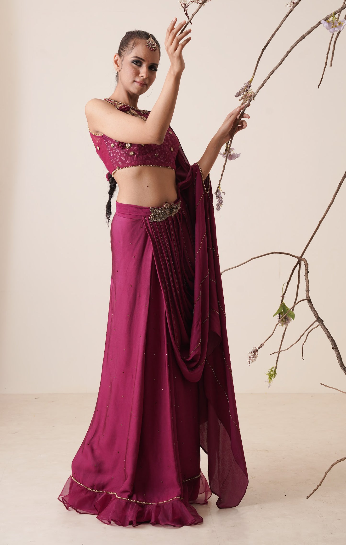 wine pre drape saree with waist belt