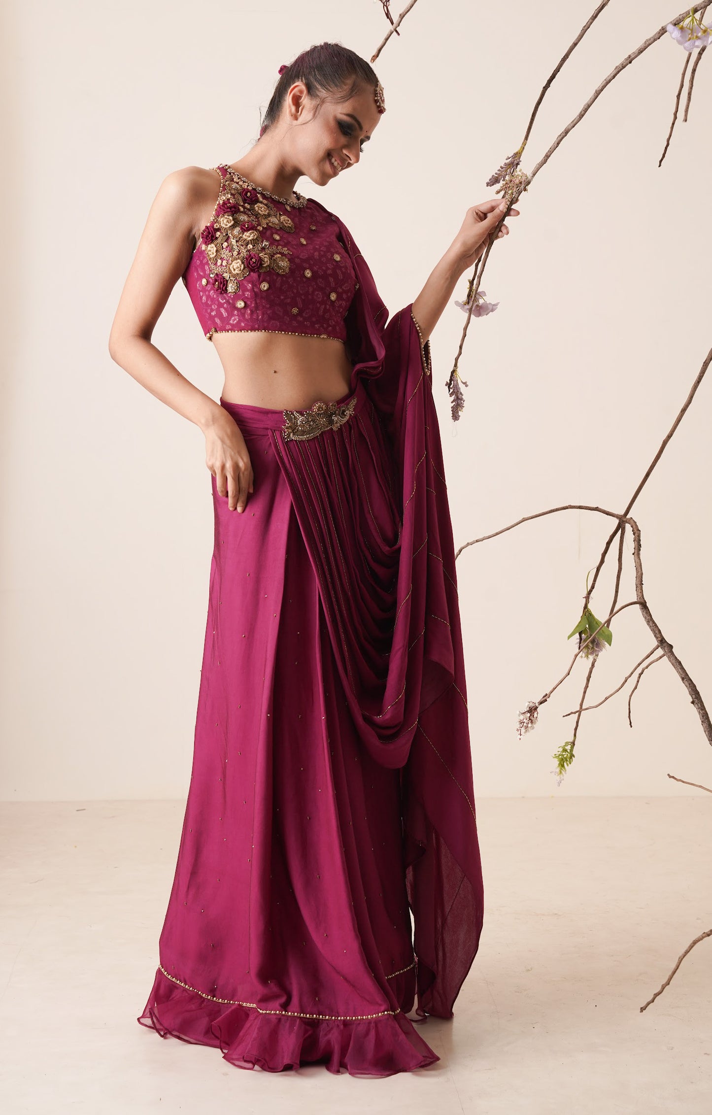wine pre drape saree with waist belt