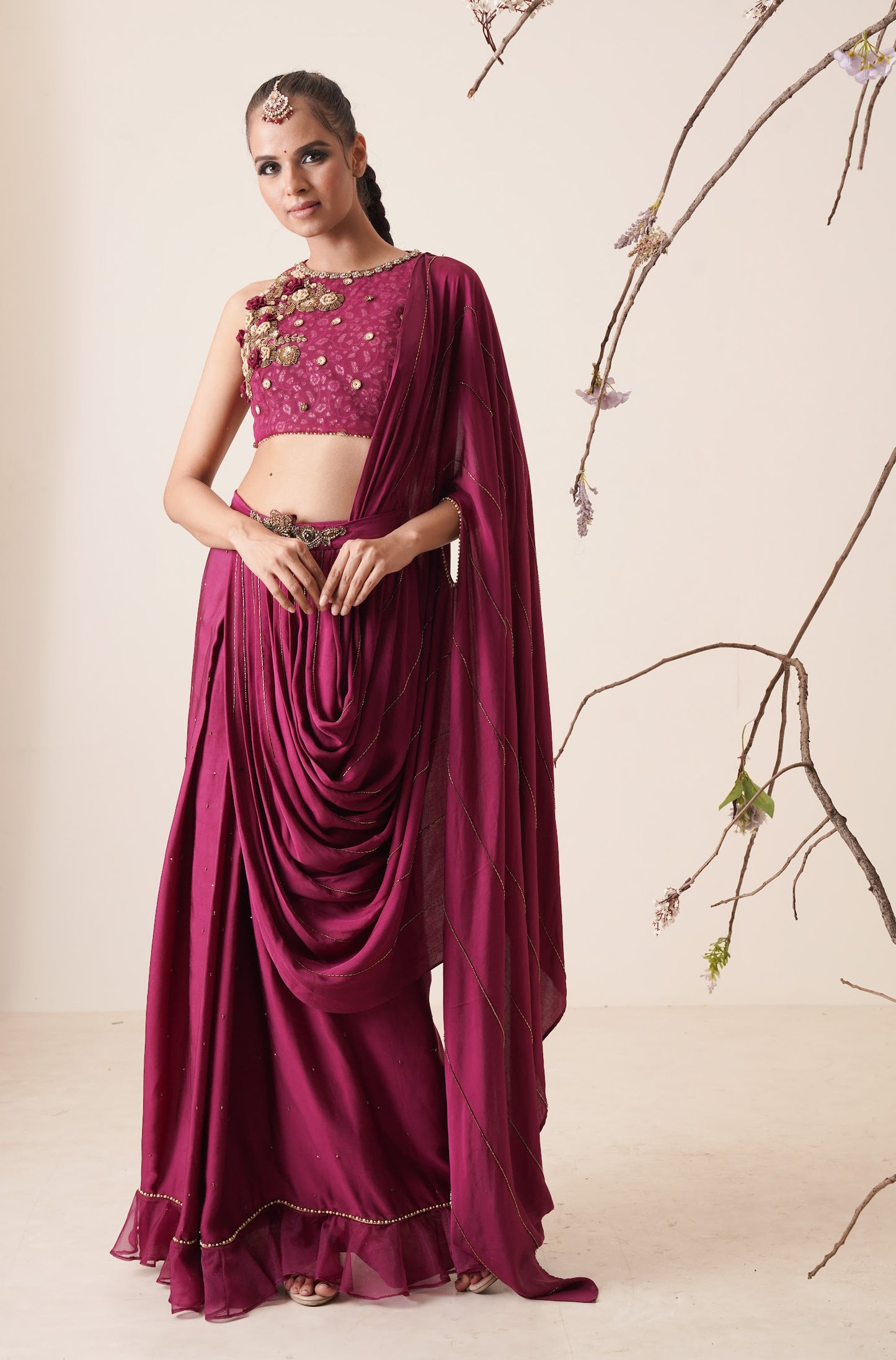 wine pre drape saree with waist belt