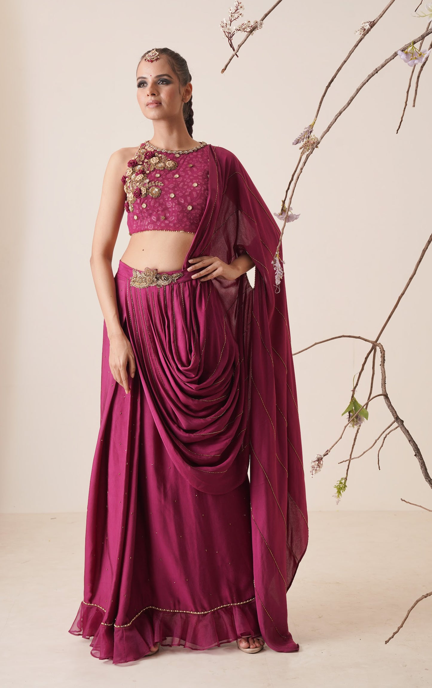 wine pre drape saree with waist belt