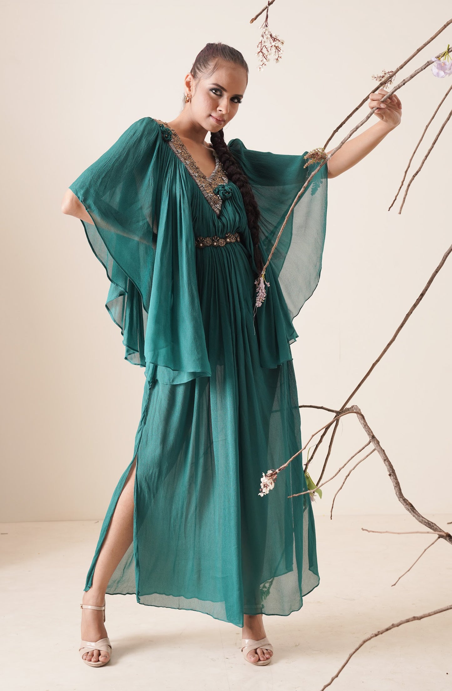 Teal colour flowy chiffon kaftan.