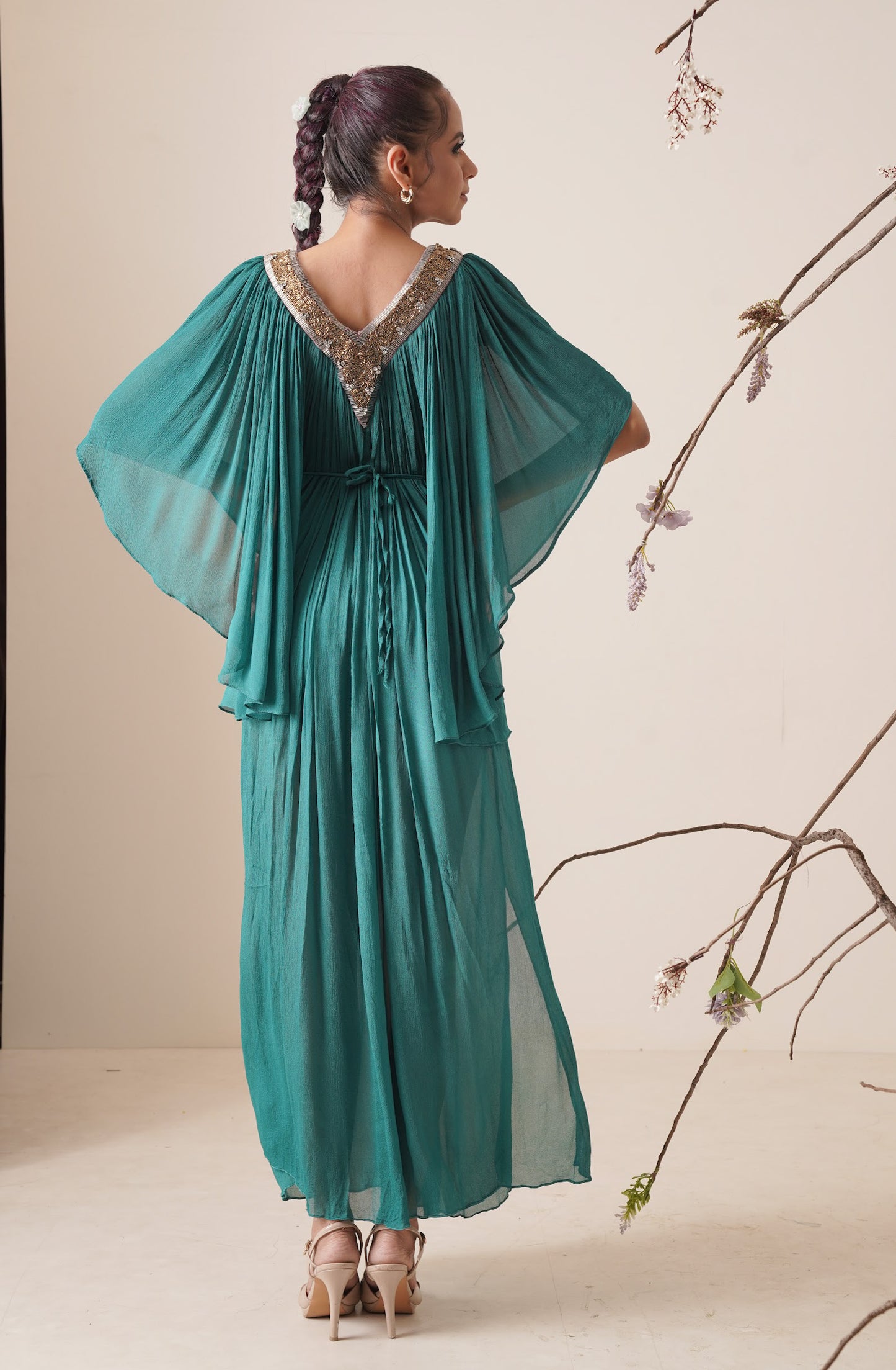 Teal colour flowy chiffon kaftan.